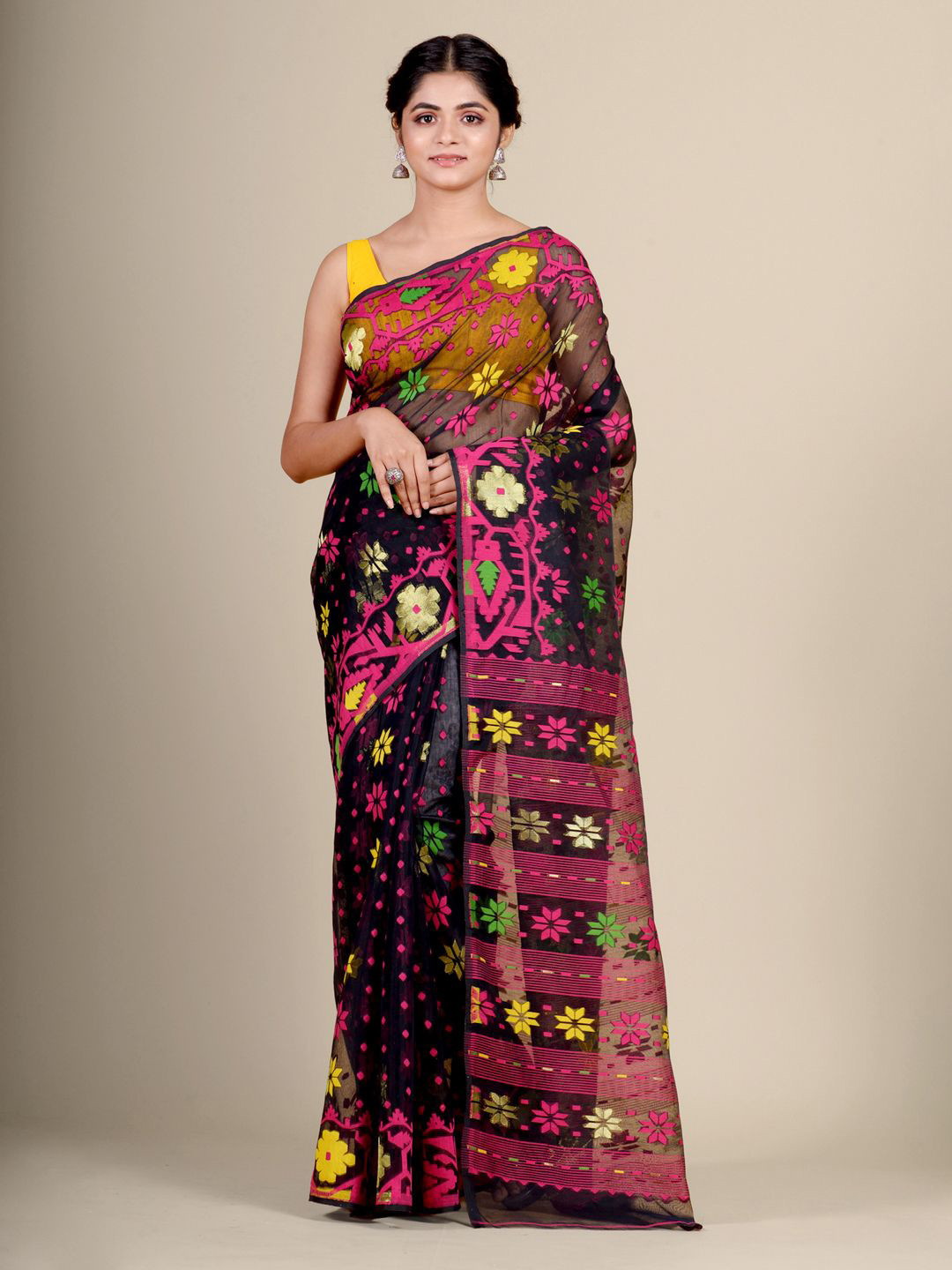 Charukriti Black & Red Floral Woven Design Jamdani Saree