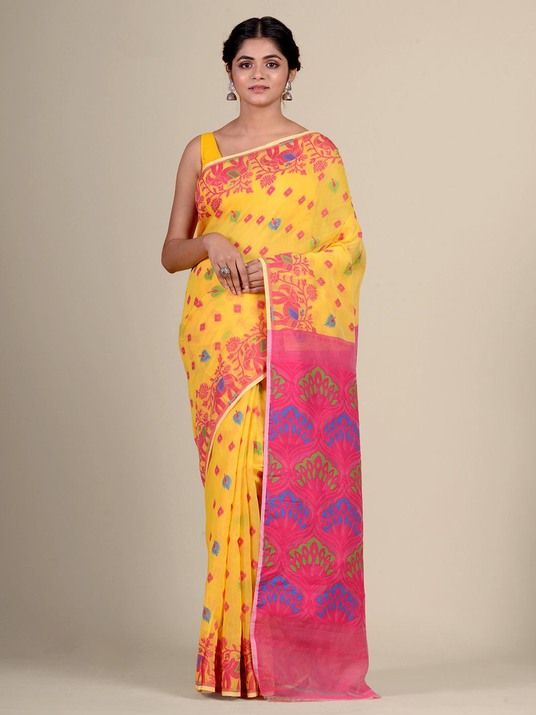 Charukriti Yellow & Magenta Ethnic Motifs Woven Design Jamdani Saree