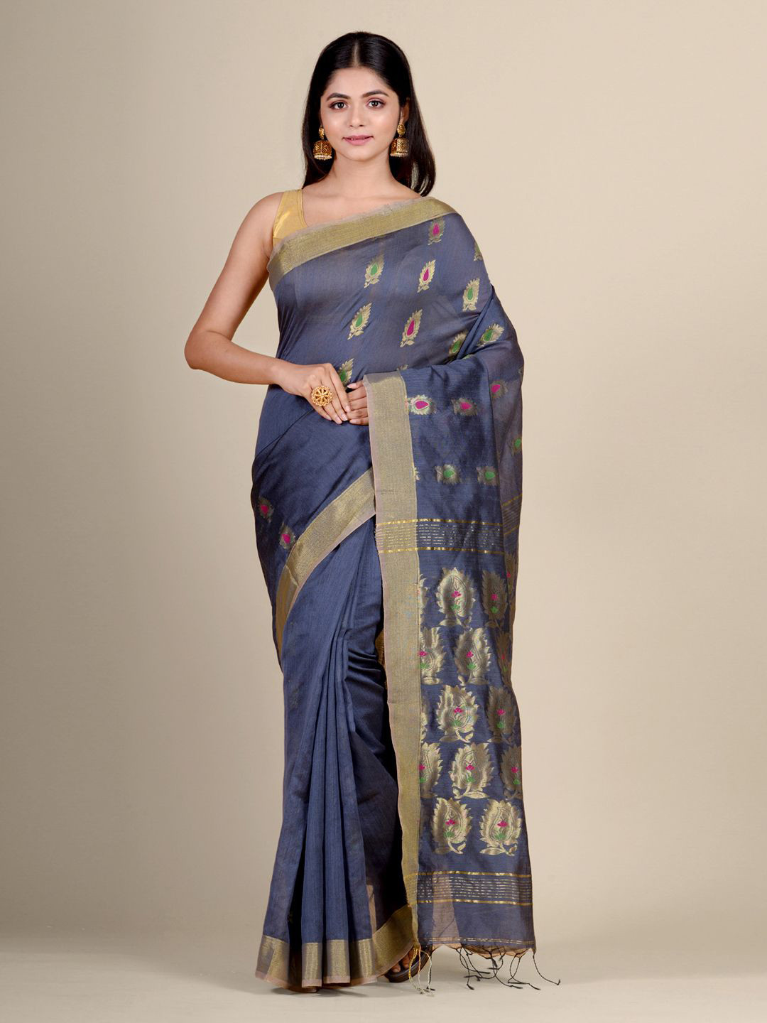 Charukriti Grey & Gold-Toned Woven Design Saree