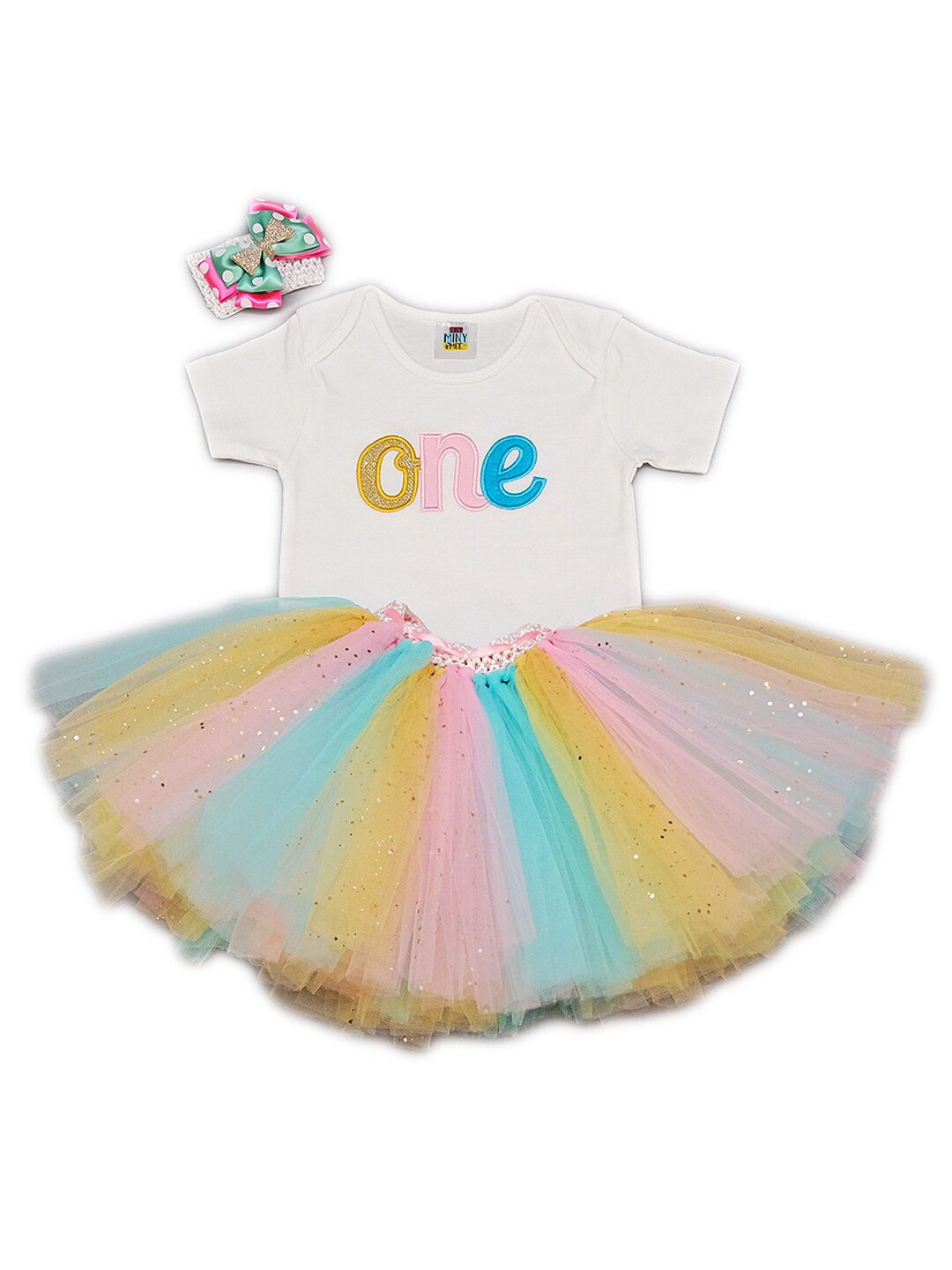 TINY MINY ME Girls Gold-Toned & White Printed T-shirt with Skirt With Hairband
