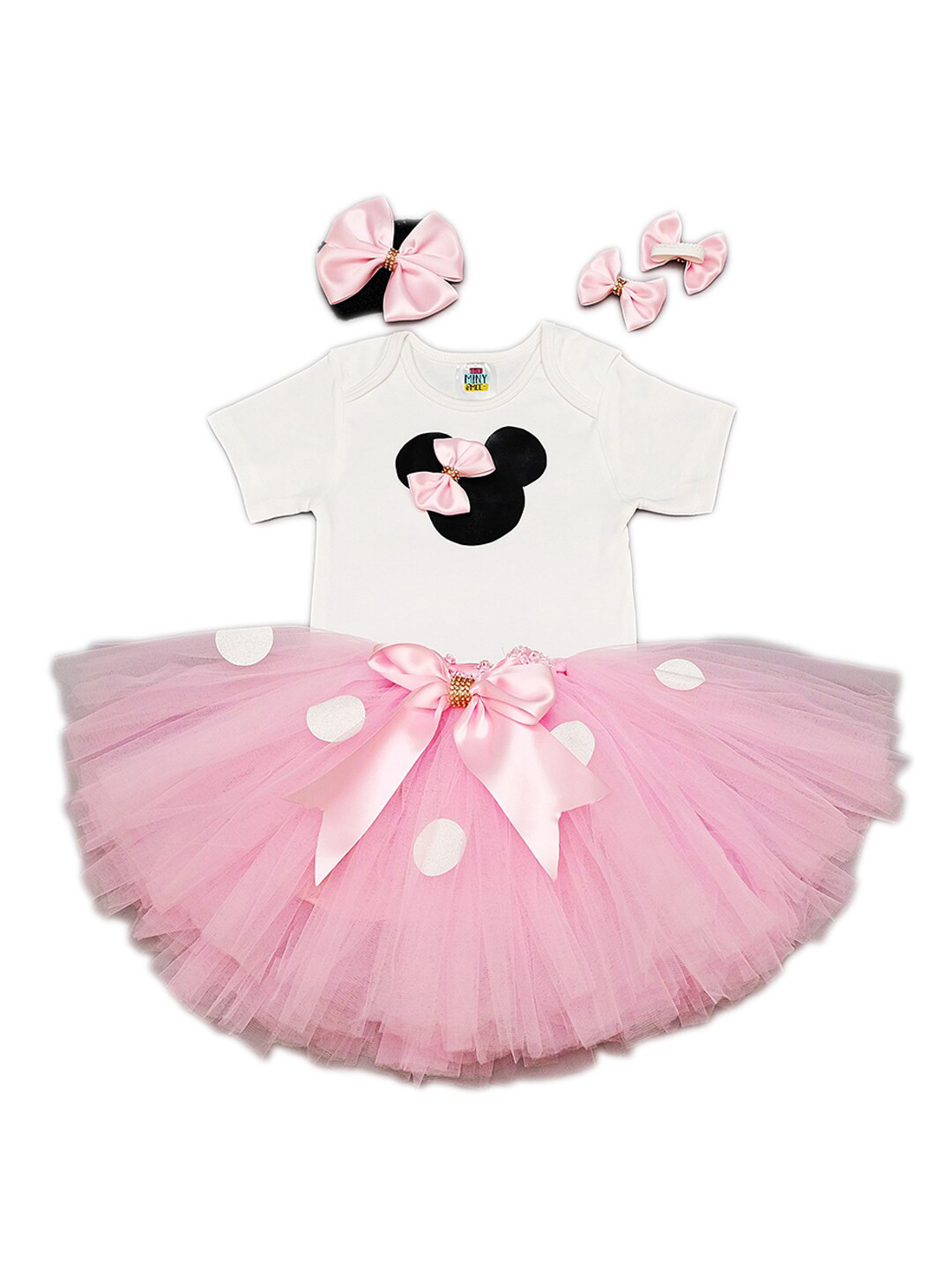 TINY MINY ME Girls Pink & White Minnie Printed Romper with Pleated Skirt & Headband