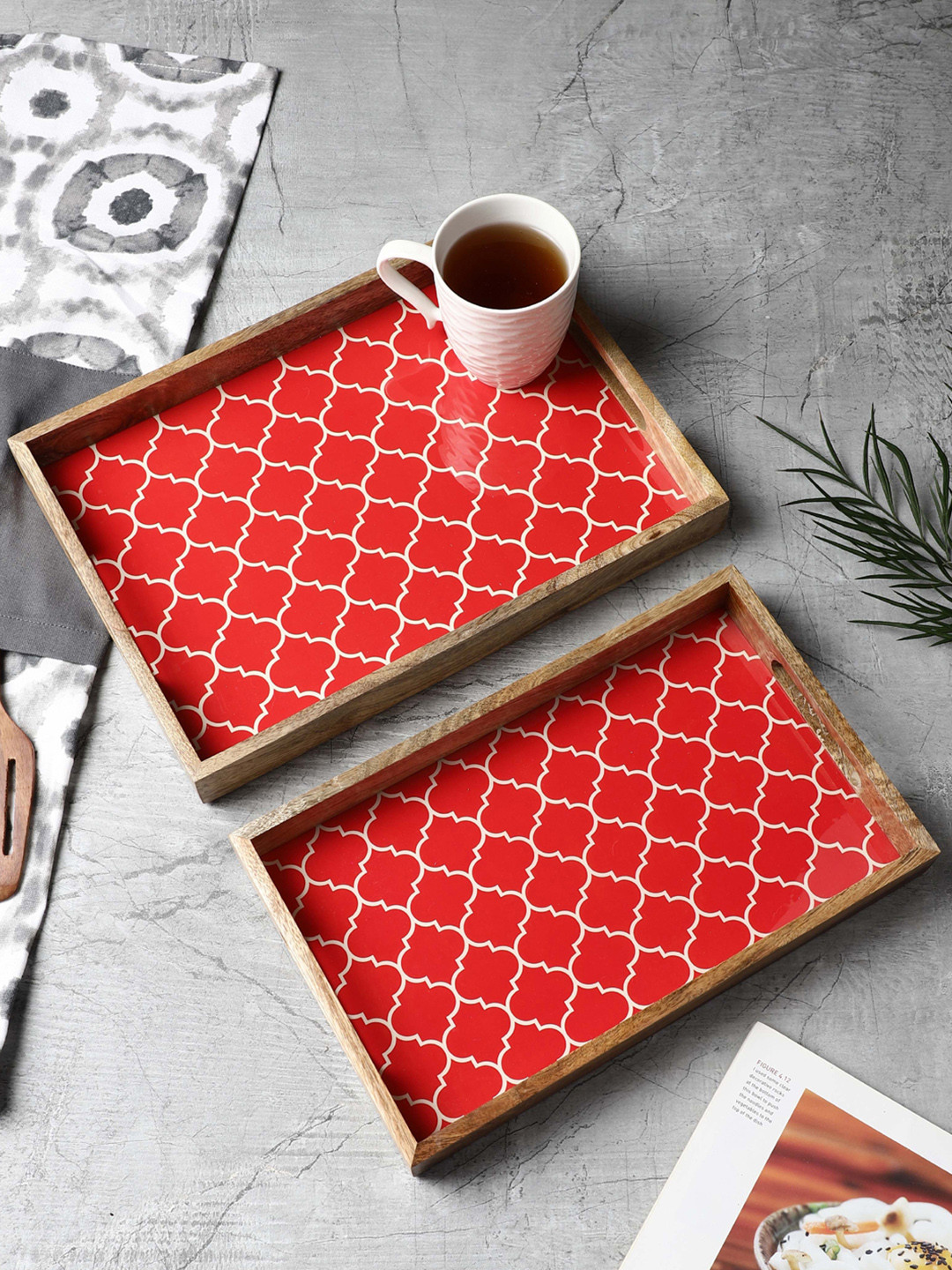 VarEesha Set Of 2 Red Moroccan Printed Mango Wood Rectangular Serving Tray
