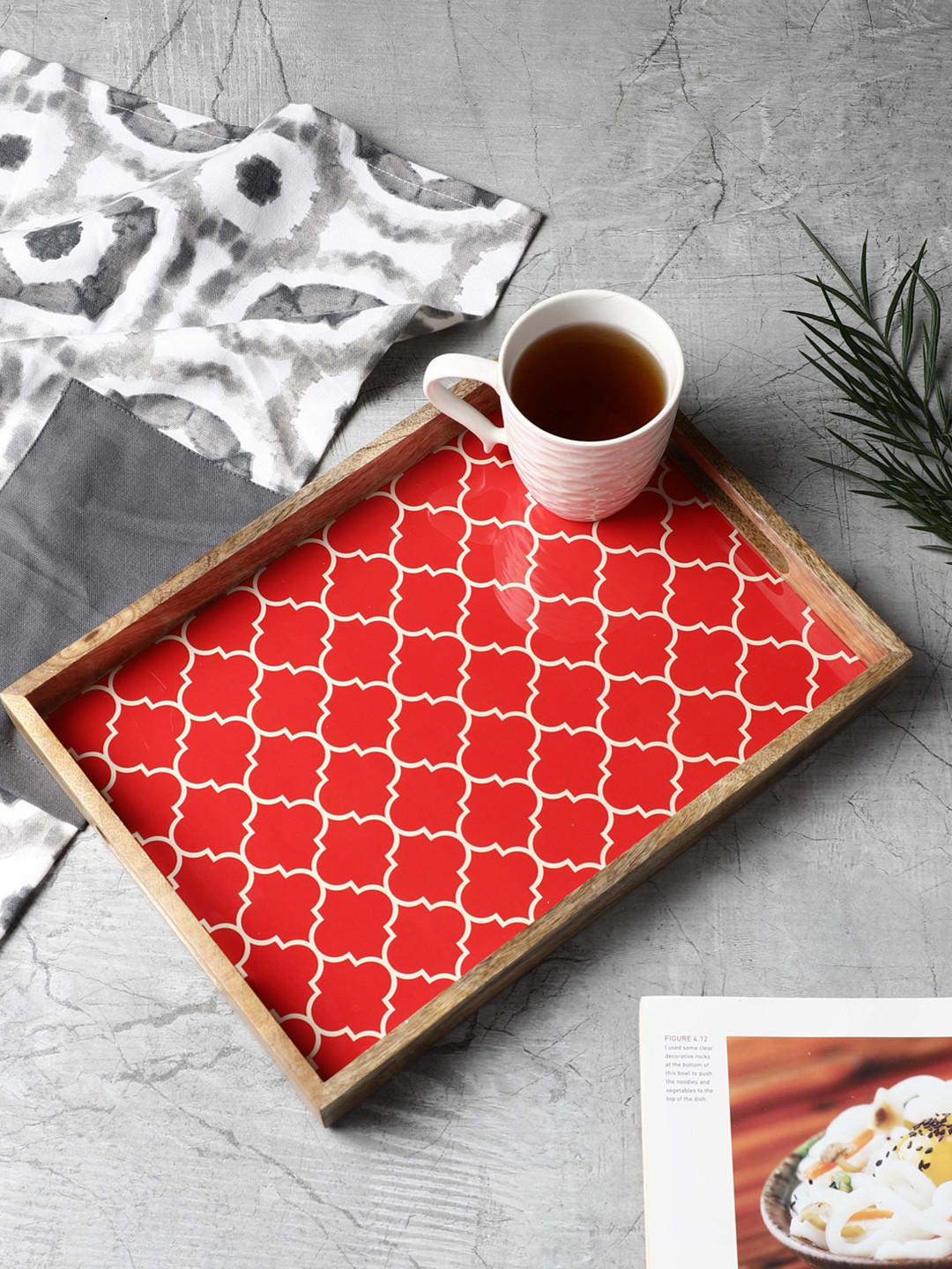VarEesha Red & White Printed Rectangular Wooden Tray
