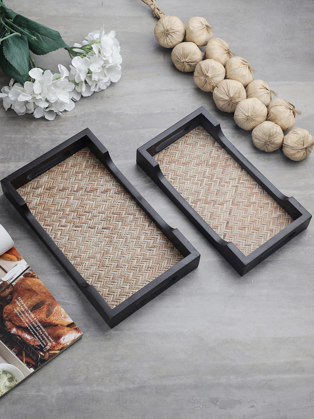 VarEesha Set of 2 Brown Ethnic Bamboo Woven Wooden Trays