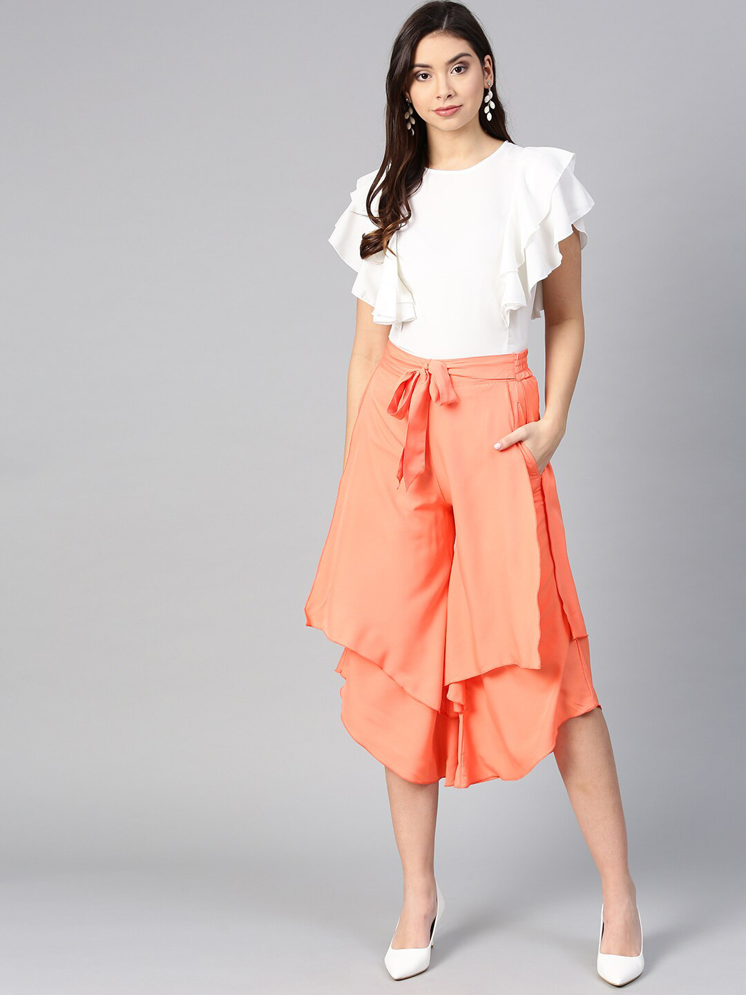 Bitterlime Women Off White & Peach-Coloured Ruffled Top with Layered Trousers