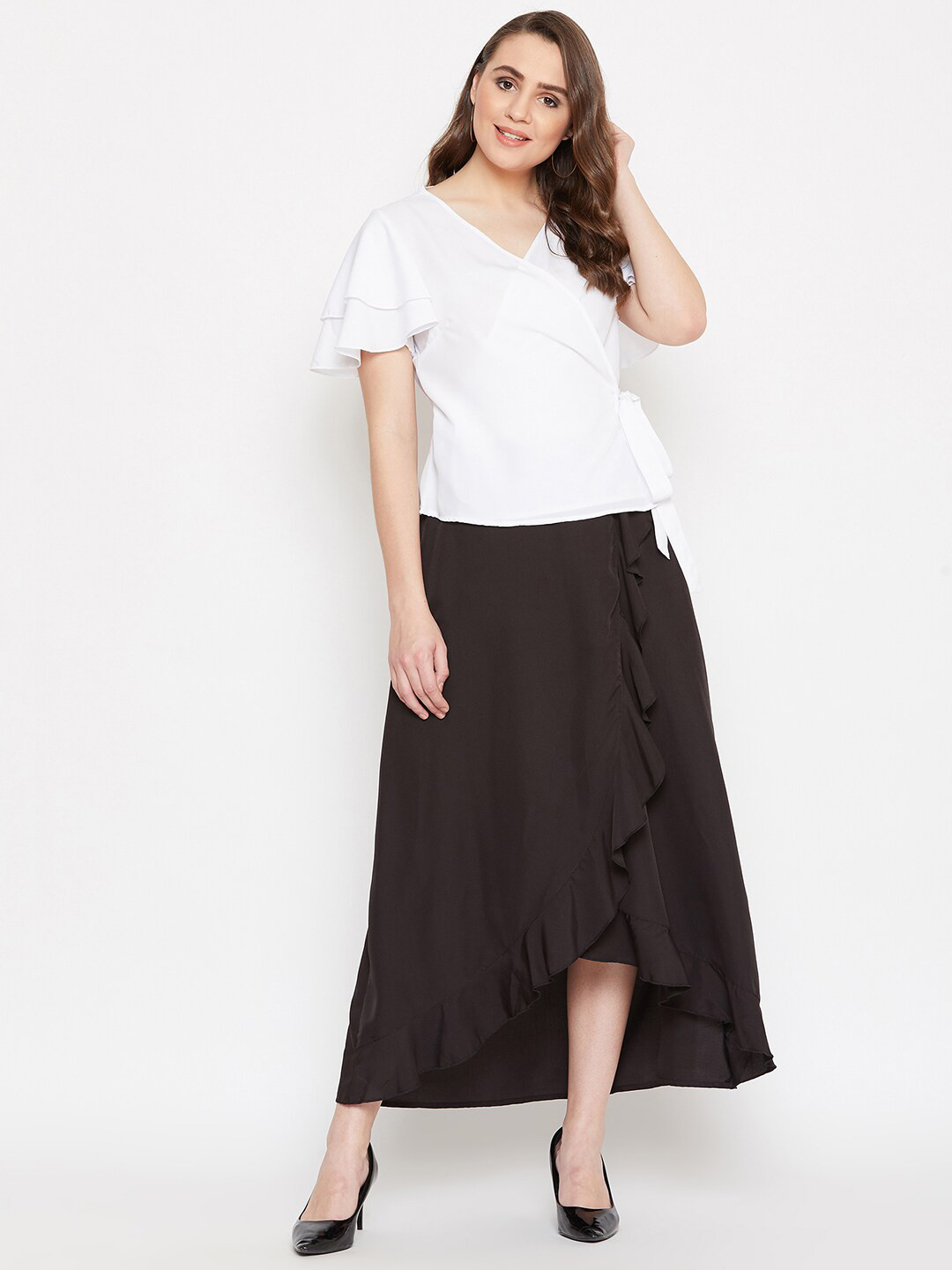 Bitterlime Women White & Black Overlapping Top with Ruffled Skirt