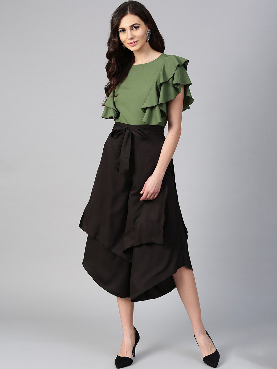 Bitterlime Women Olive Green & Black Ruffled Top with Layered Trousers