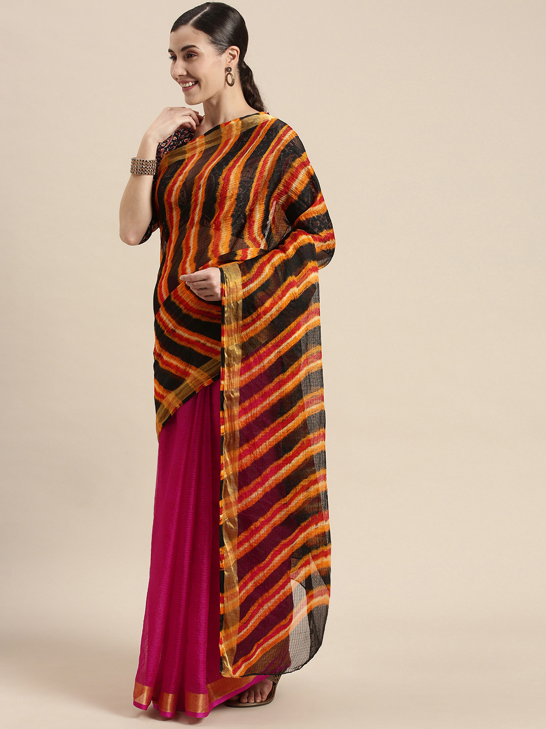 Geroo Jaipur Black & Orange Hand Dyed Art Silk Leheriya Saree