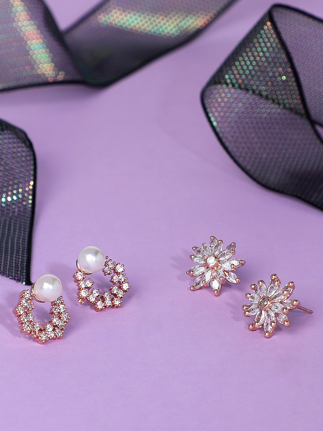 Zaveri Pearls Set of 2 Gold-Plated Gold-Toned & White Contemporary Studs Earrings