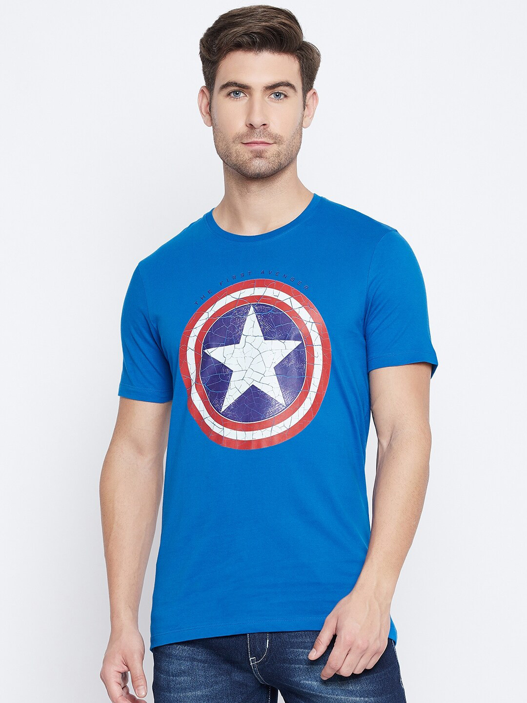 Marvel by Wear Your Mind Men Blue  White Captain America Printed Cotton Pure Cotton T-shirt
