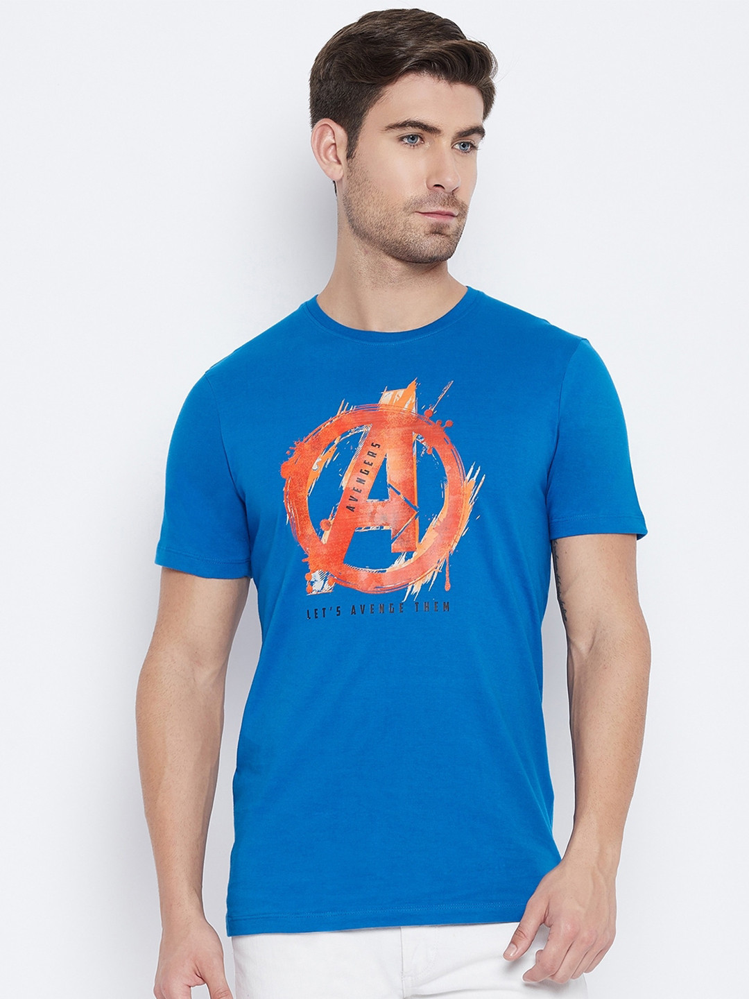 Marvel by Wear Your Mind Men Blue  Orange Printed Cotton Pure Cotton T-shirt