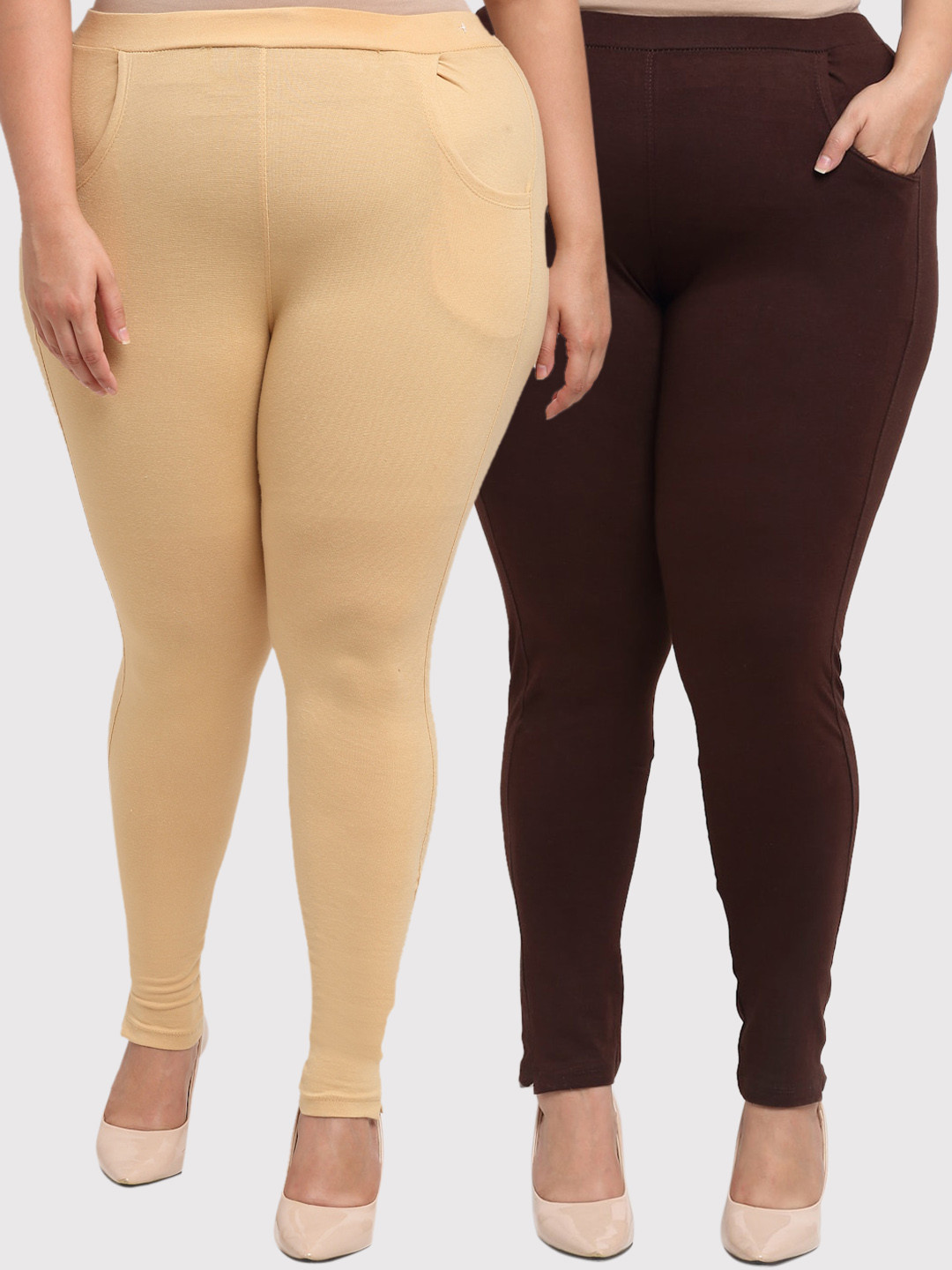 TAG 7 PLUS Woman Black & Beige Combo of 2 Plus Size Leggings