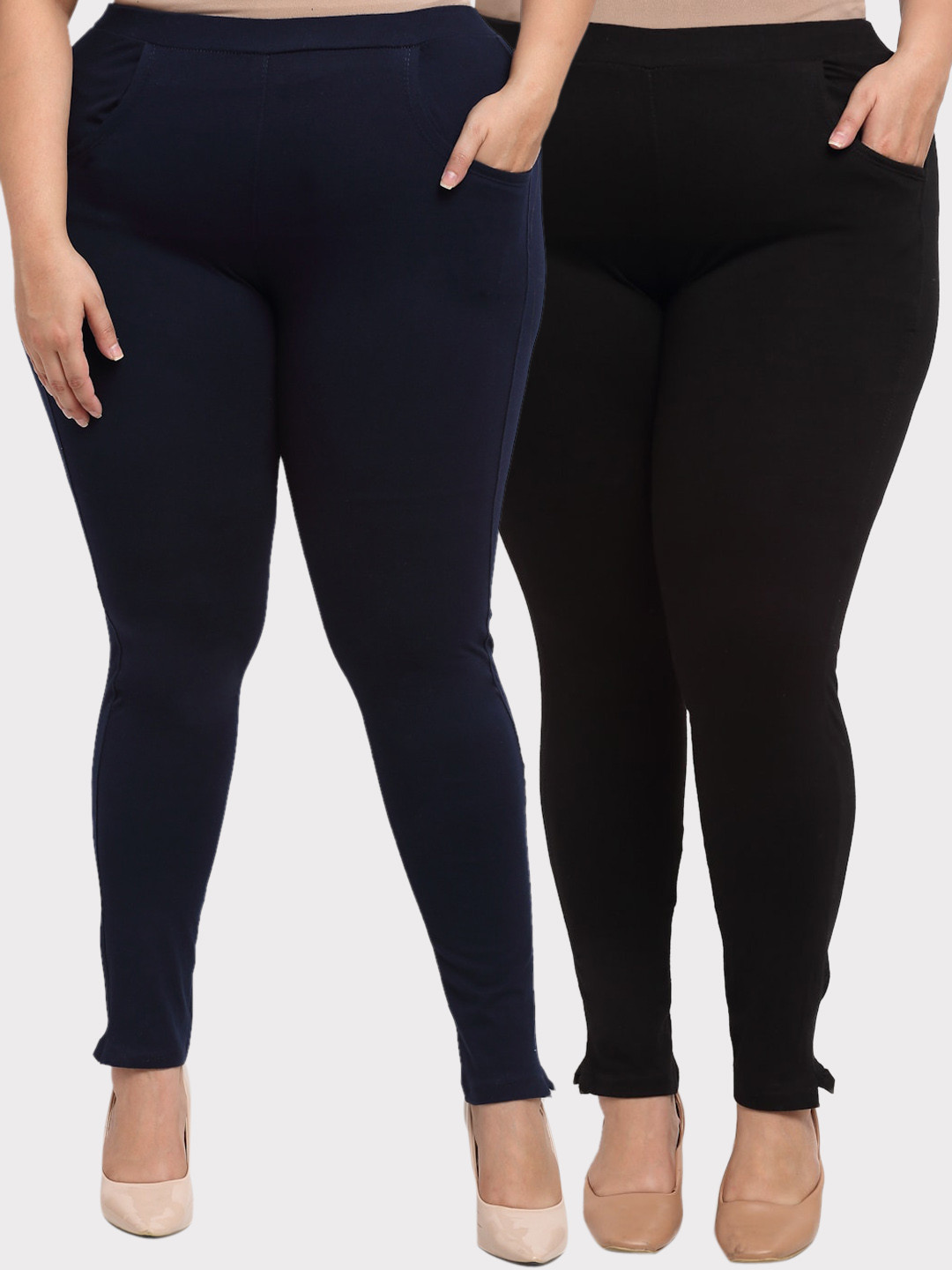 TAG 7 PLUS Women Pack of 2 Plus Size Navy Blue & Black Solid Kurti Pants