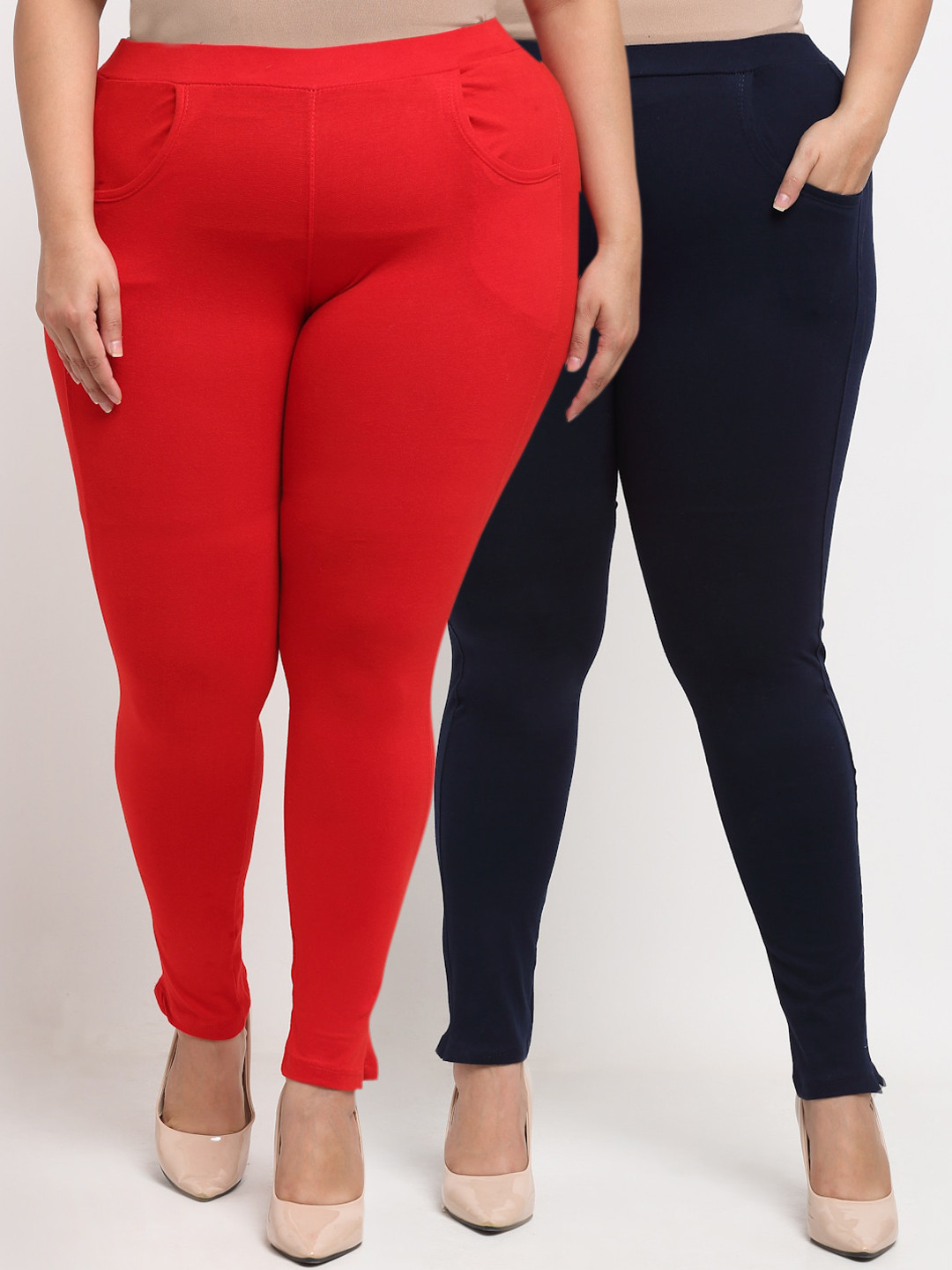 KLOTTHE Women Plus Size Pack of 2 Red & Navy Blue Solid Leggings