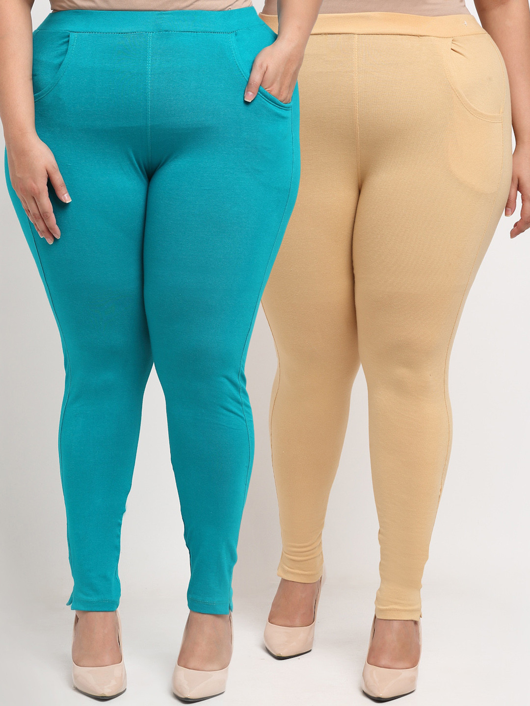 TAG 7 PLUS Beige & Blue Pack of 2 Plus Size Leggings