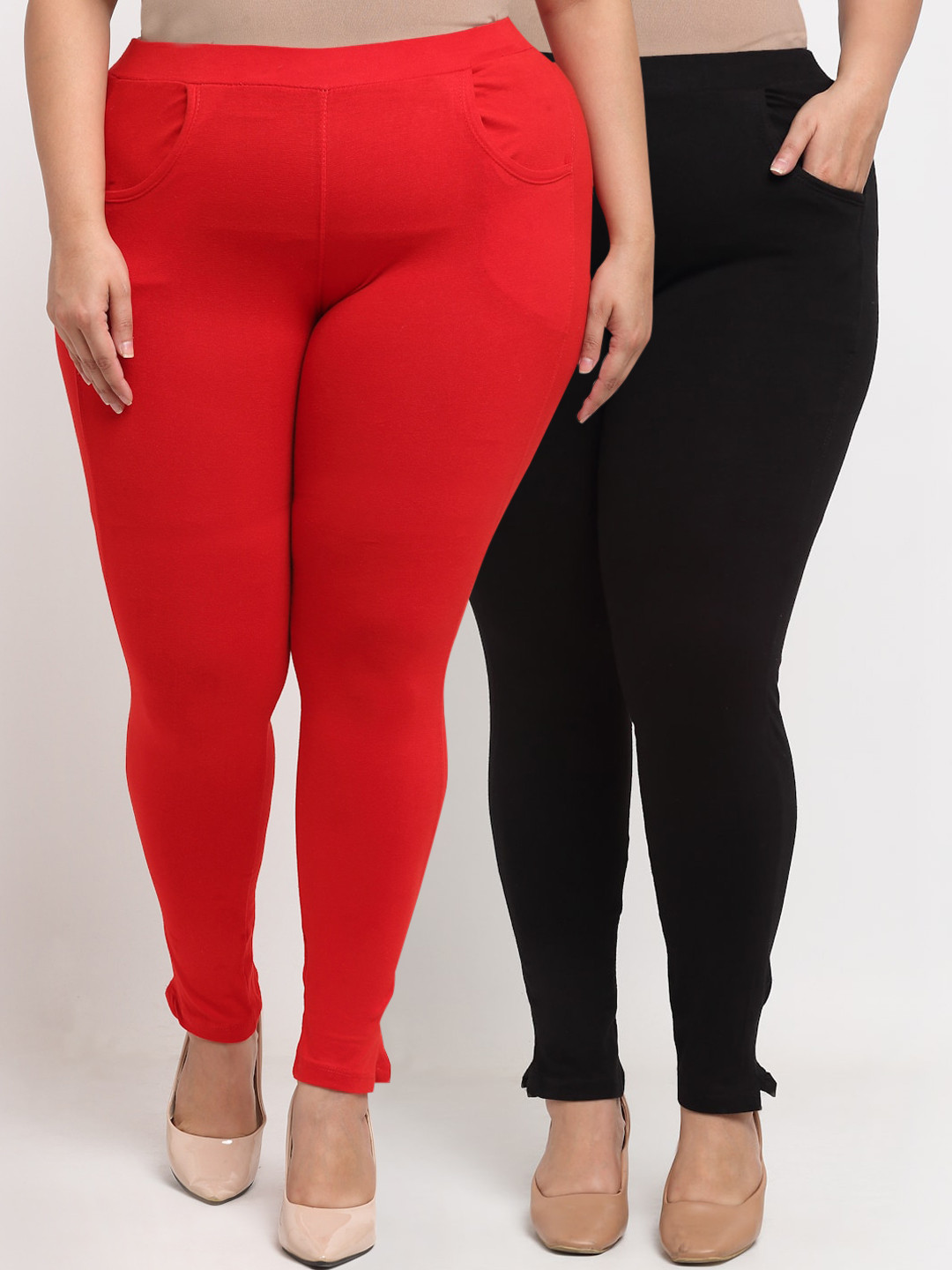 KLOTTHE Women Plus Size Pack of 2 Red & Black Solid Leggings