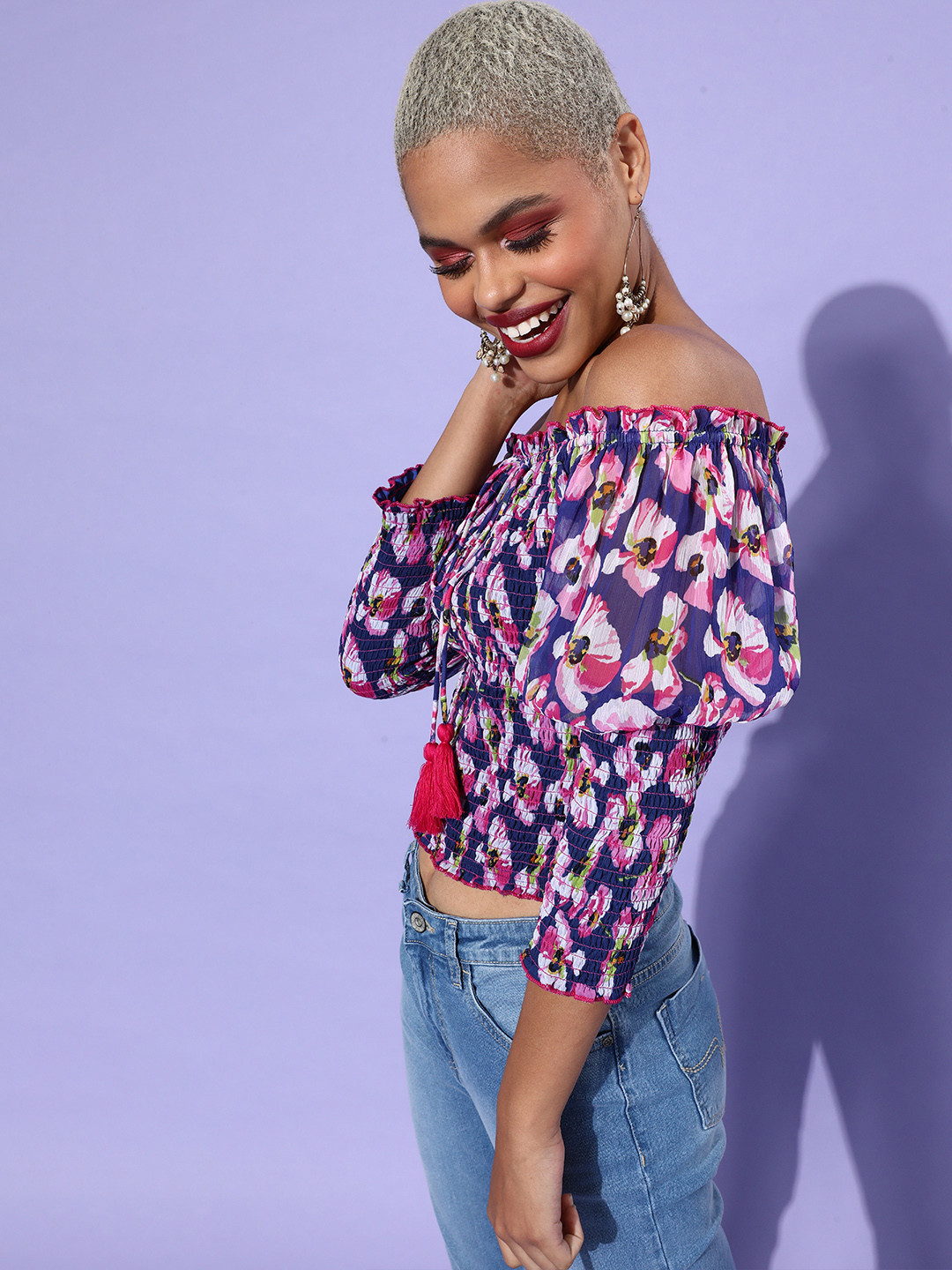 Antheaa Women Blue Floral Smocked Top