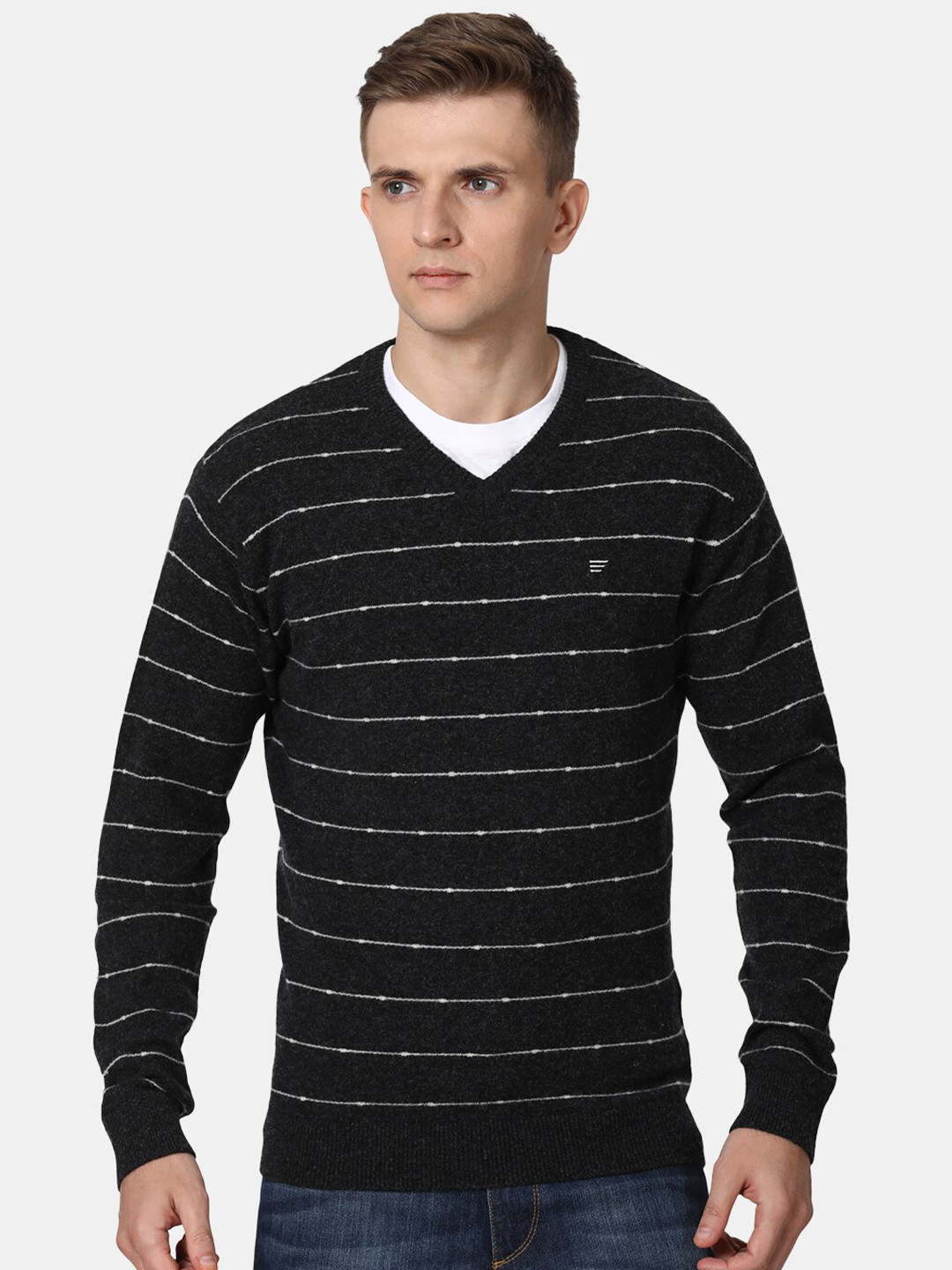 t-base Men Black & White Striped Woolen Pullover