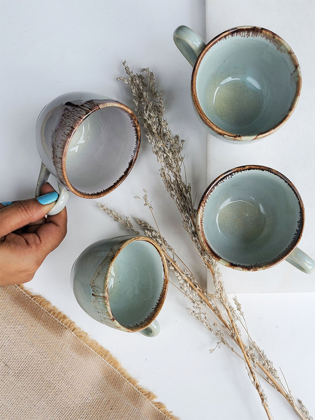 Folkstorys Blue Ceramic Handmade 4 Piece Mugs-150ml