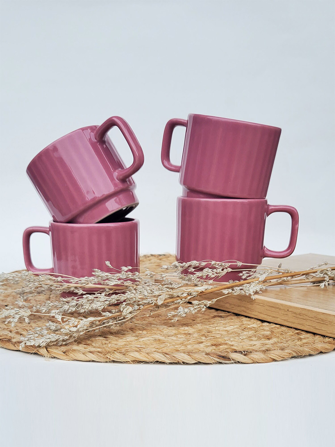 Folkstorys Starflower Pink Textured Ceramic Easy to Clean 4 Piece Mugs-200ml