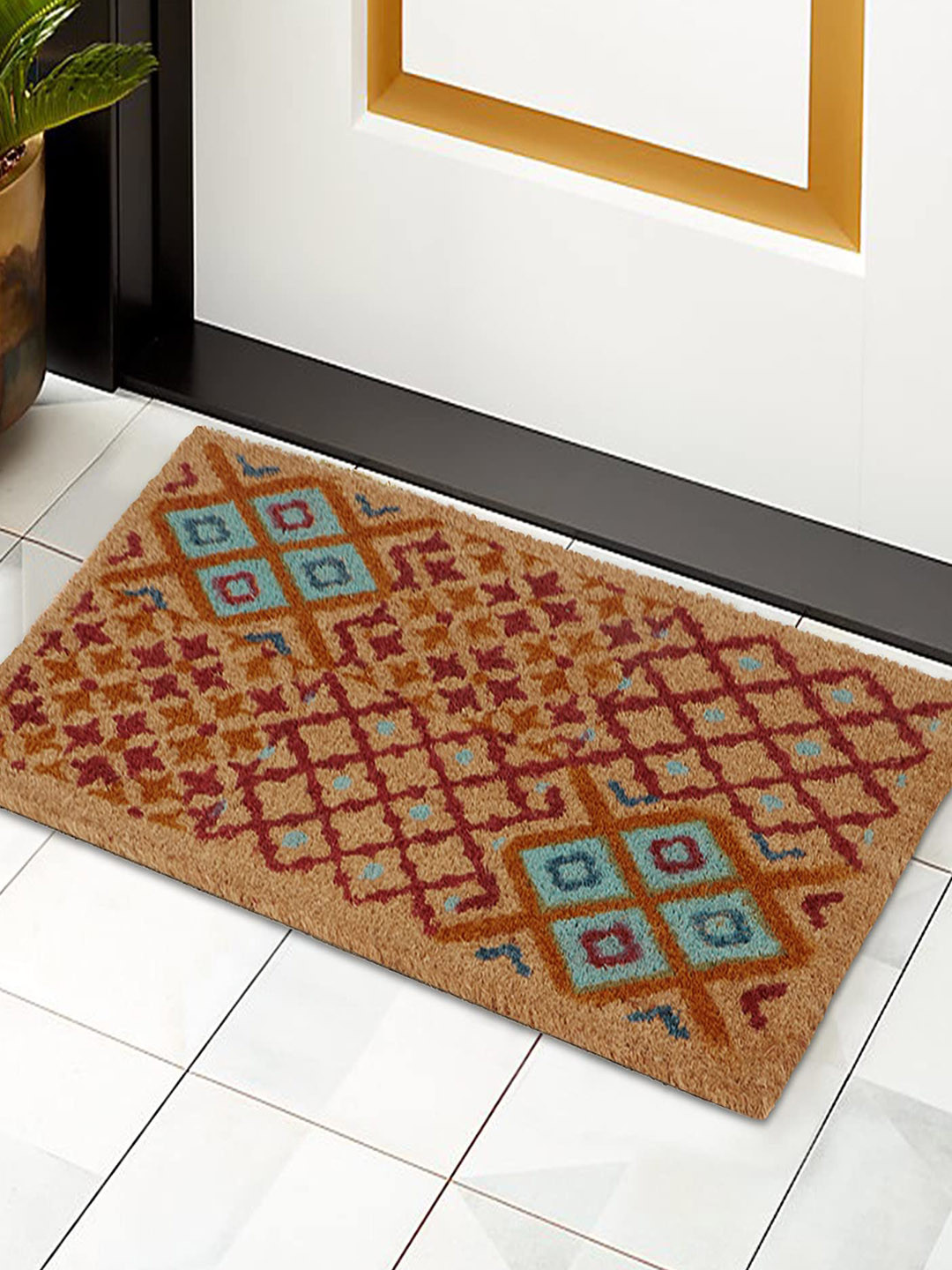 HOKIPO Brown & Blue Printed Anti-Skid Coir Doormat