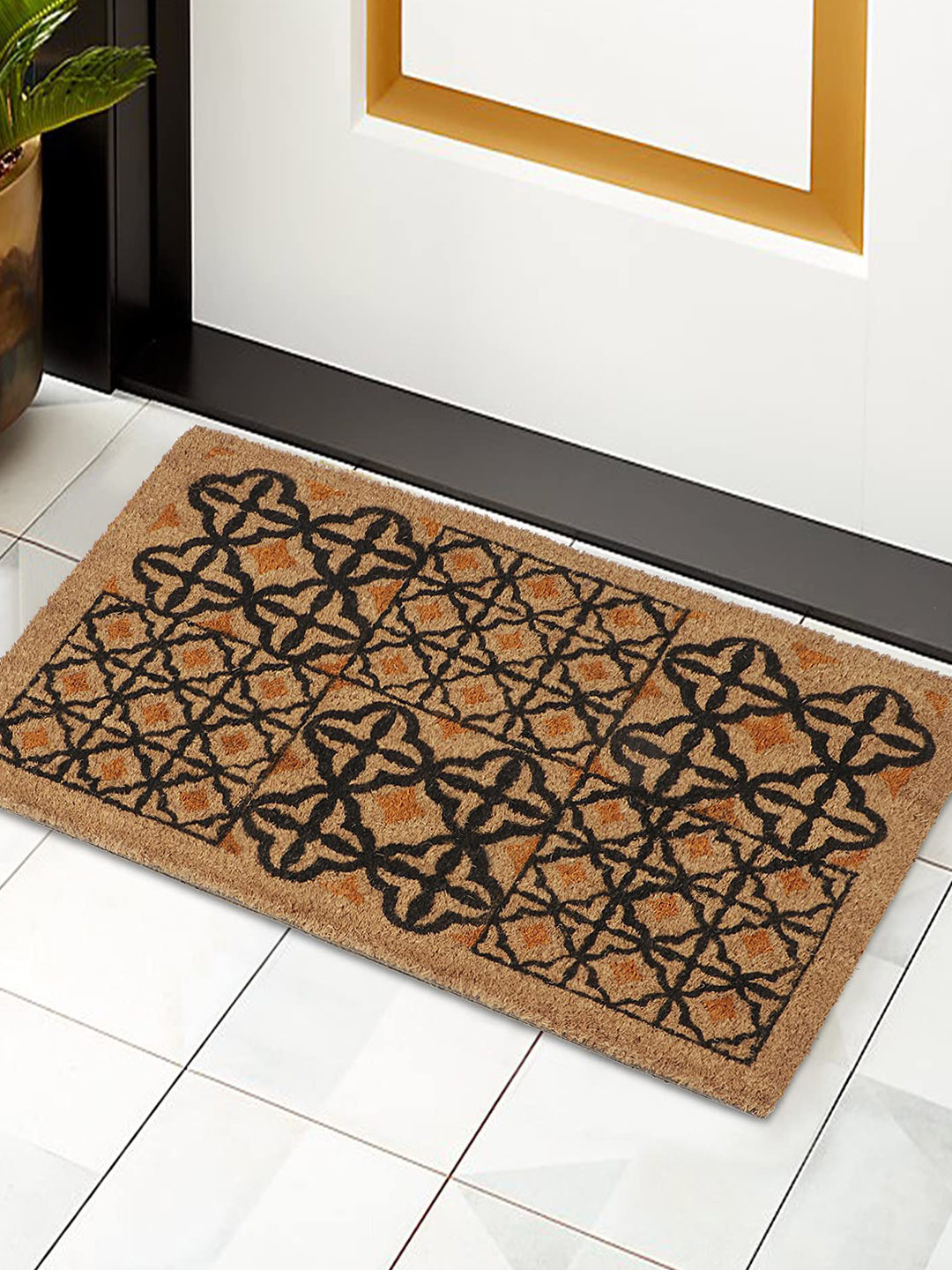 HOKIPO Brown & Black Printed Anti-Skid Coir Doormat