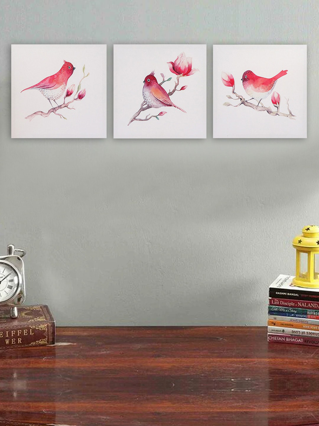 TIED RIBBONS Set Of 3 White & Pink Birds Hand-Painted Wooden Framed Wall Art