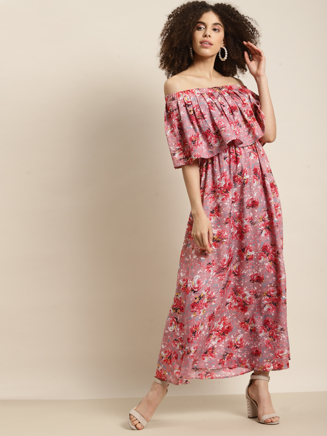Qurvii Peach-Coloured & Red Floral Off-Shoulder Crepe A-Line Maxi Dress