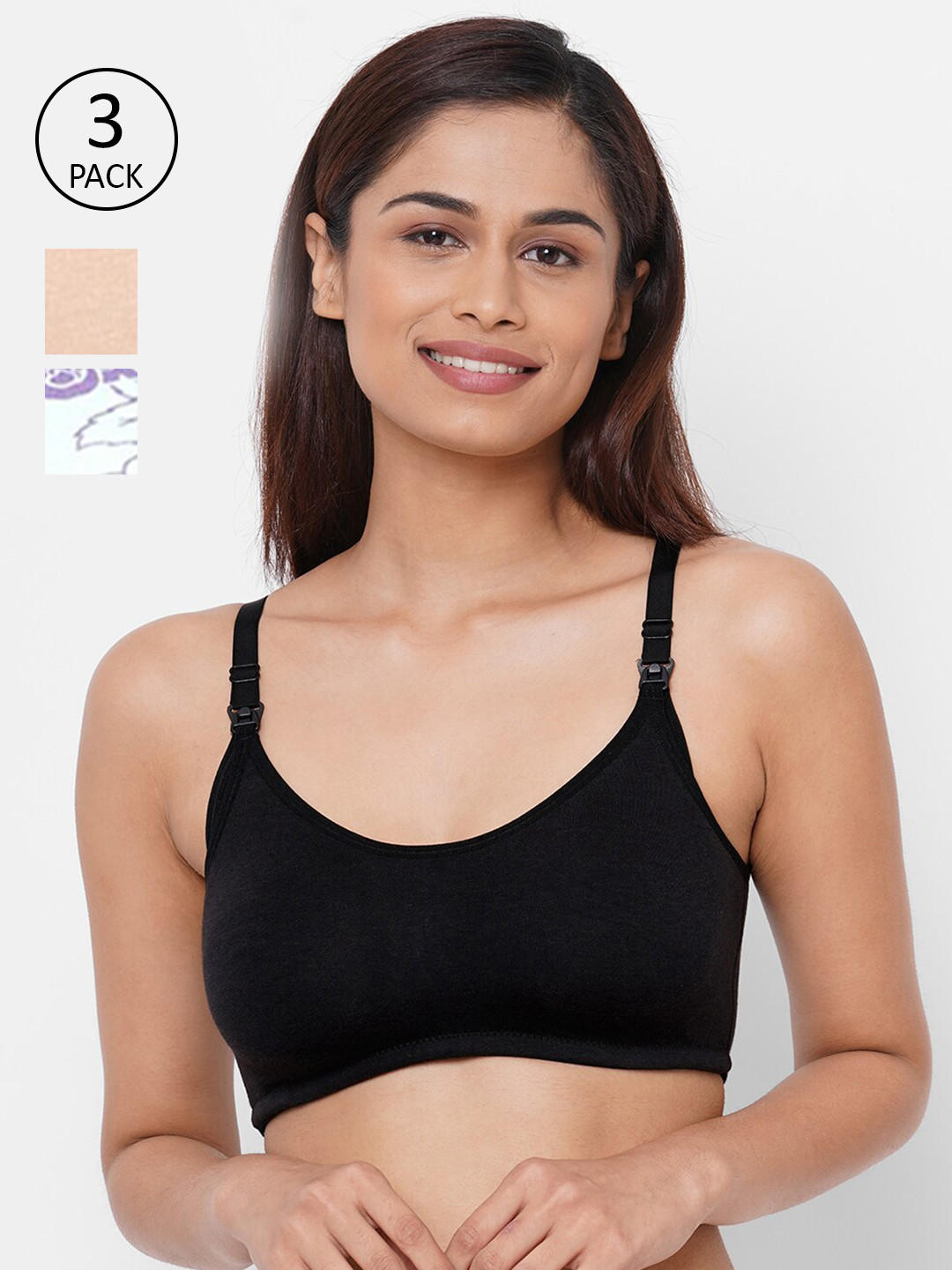 Inner Sense Pack Of 3 Black & Beige Floral Antimicrobial Maternity Bra IMB004A_4D_4E