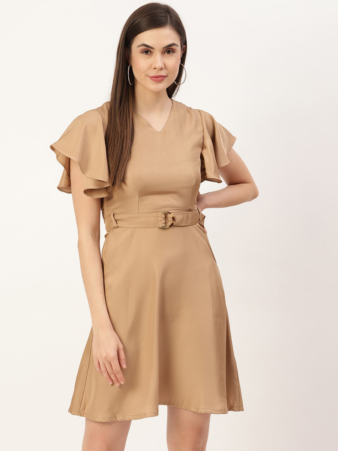 ZOELLA Beige Flutter Sleeve Dress