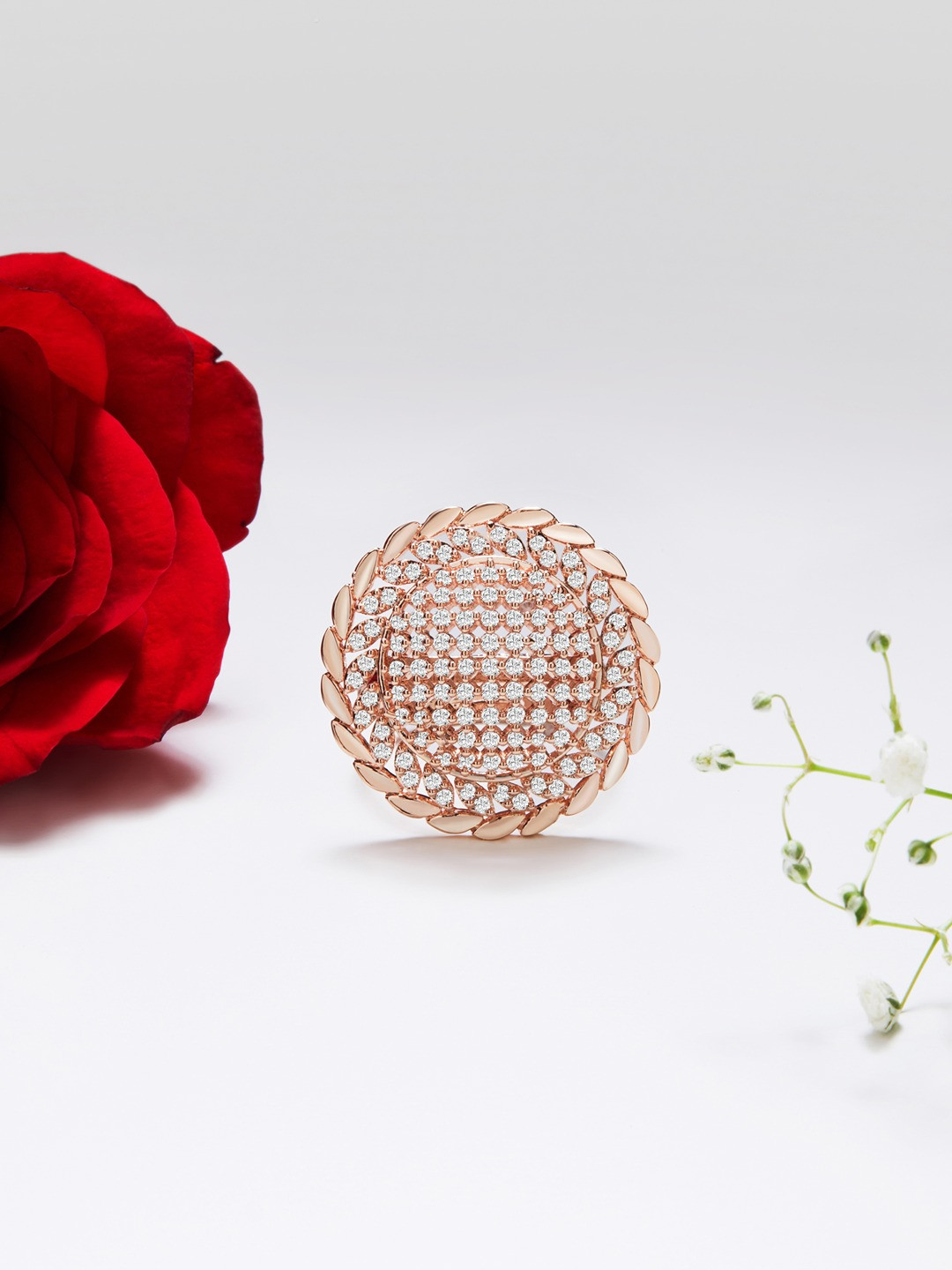 AMI Rose Gold-Plated White CZ-Studded Adjustable Contemporary Finger Ring