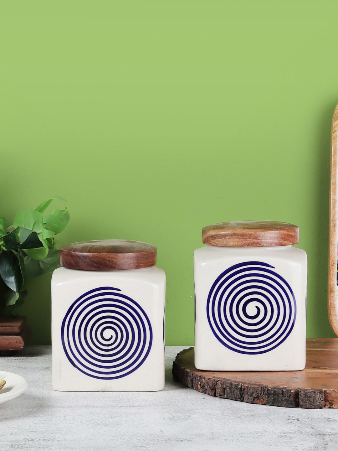 Vareesha Blue Geometric Ceramic Microwave Safe 2 Piece Screw Top Canister