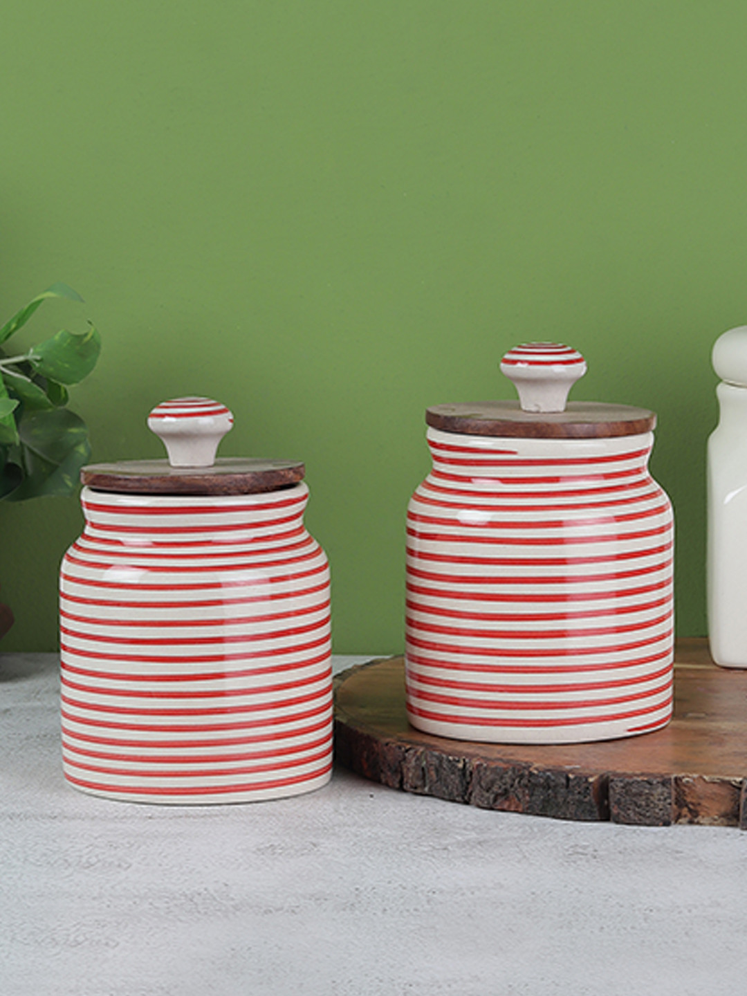 Vareesha Red Striped Ceramic Leak Resistant 2 Piece Flip Top Canister-500ml