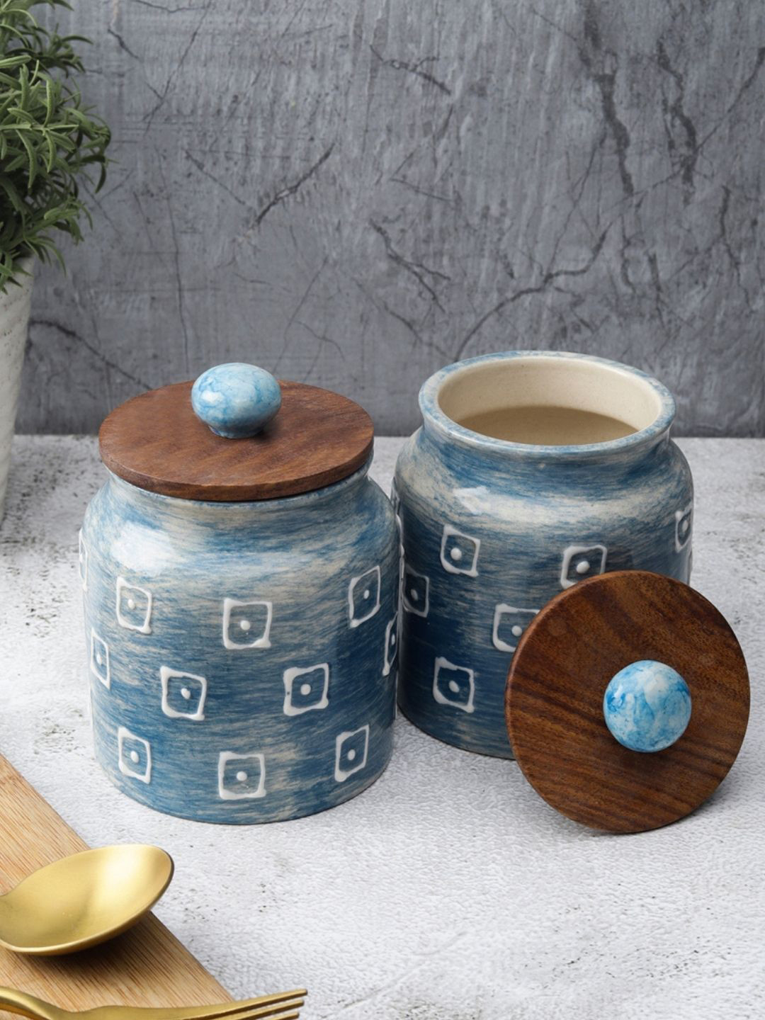 VarEesha Set of 2 Blue & White Printed Jars With Lid