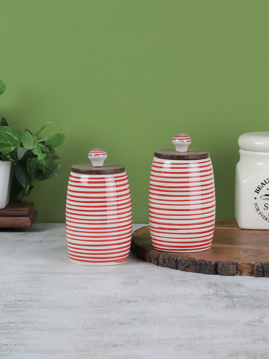 Vareesha Parikrama Red Striped Ceramic Leak Resistant 2 Piece Flip Top Canister-300ml