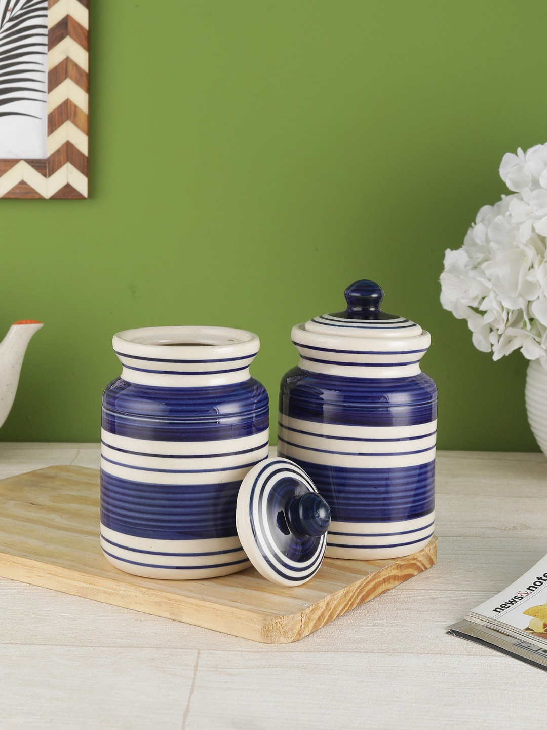 Vareesha Blue Striped Ceramic Microwave Safe 2 Piece Flip Top Canister-600ml