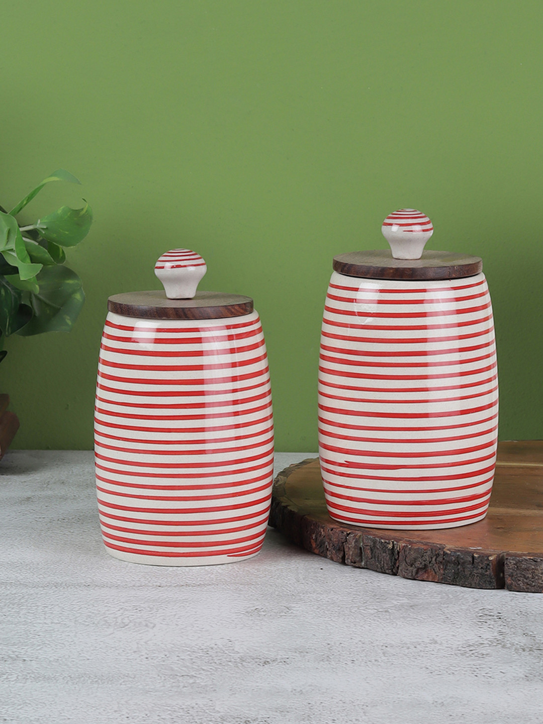 Vareesha Red Striped Ceramic Leak Resistant 2 Piece Flip Top Canister-450ml