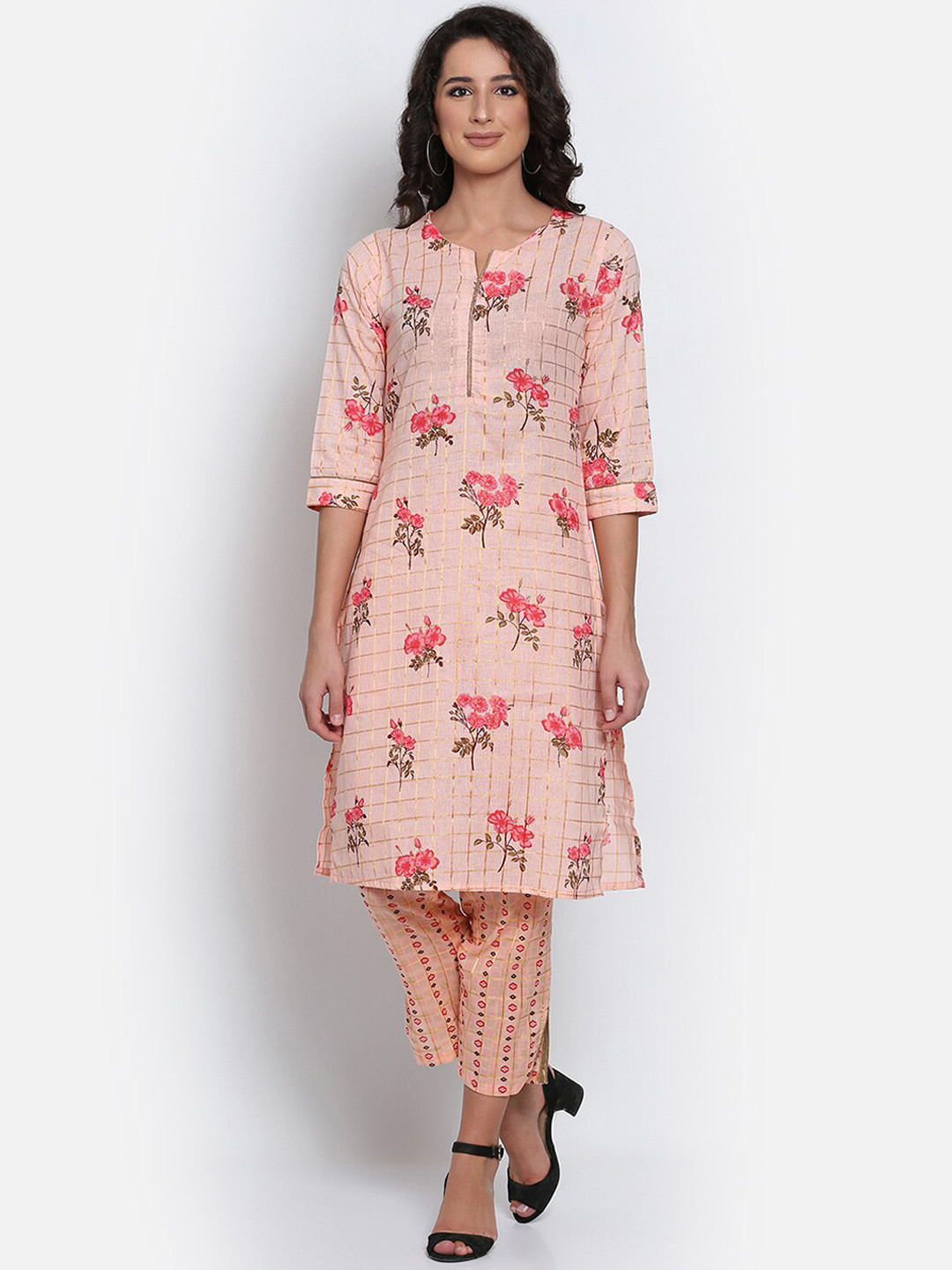 MARC LOUIS Women Peach-Coloured & Pink Floral Printed Pure Cotton Kurta with Trousers