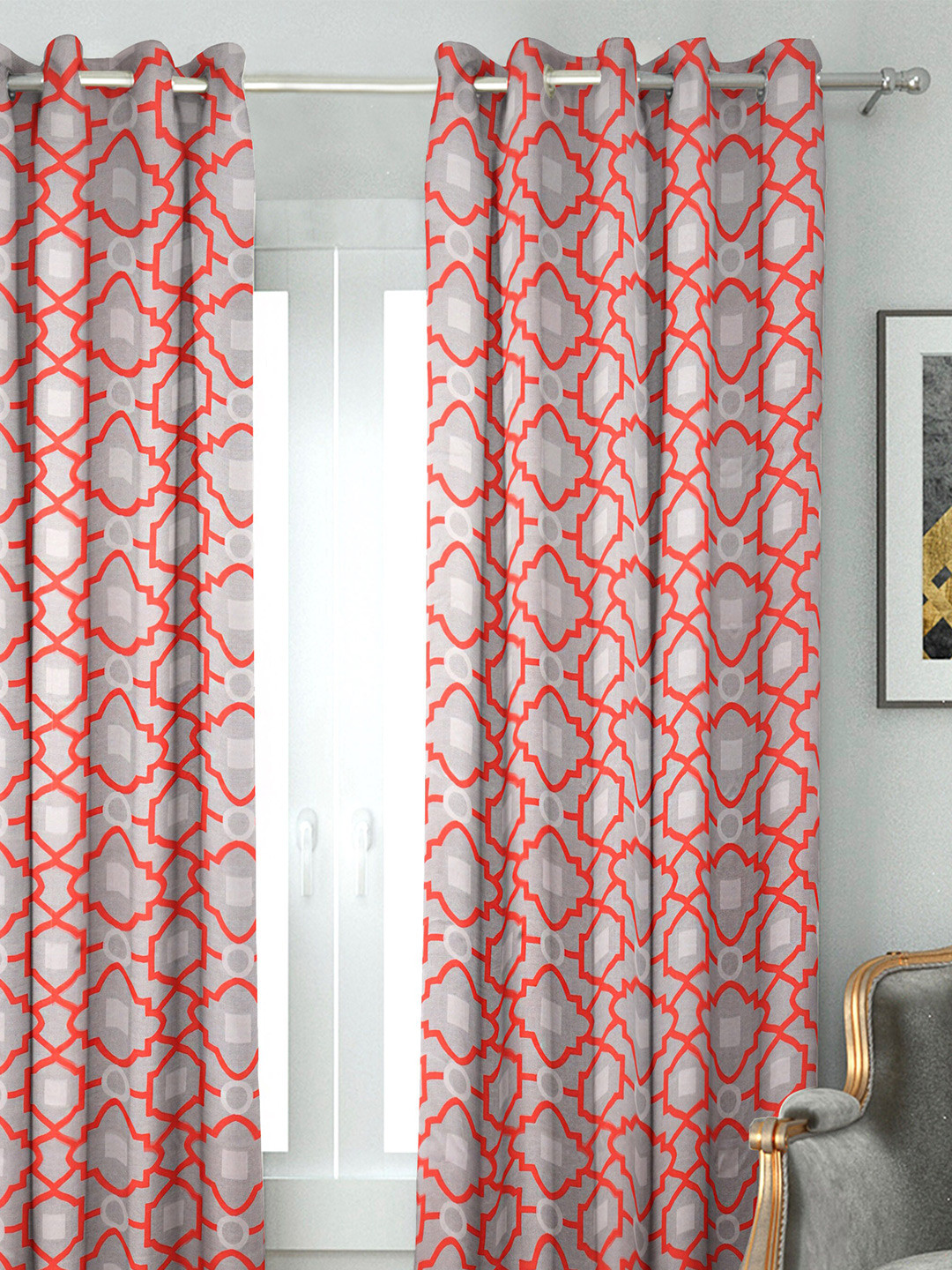 HOUZZCODE Rust & Grey Printed Black Out Window Curtain