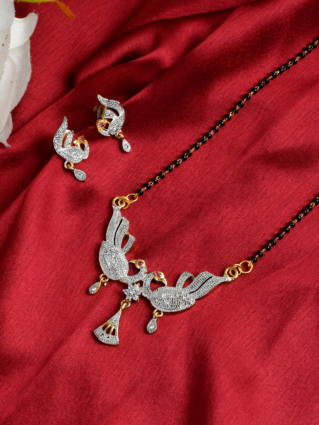 Silvermerc Designs Gold-Plated Black & White AD-Studded & Beaded Mangalsutra With Earrings