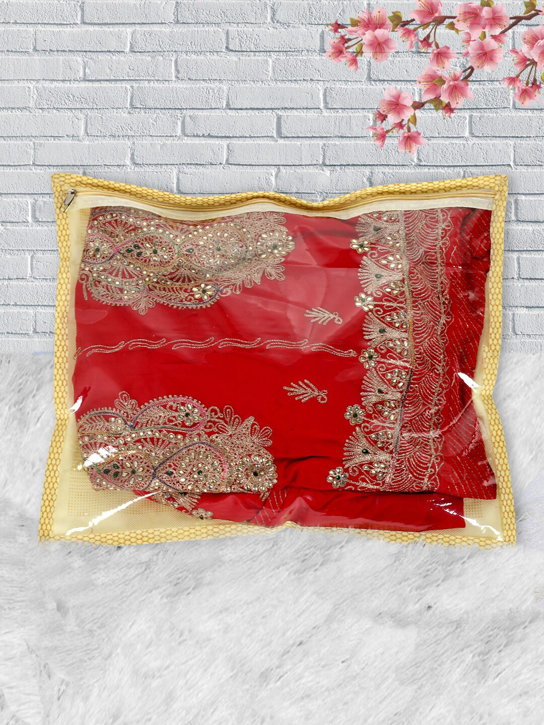 Kuber Industries Set Of 3 Gold-Toned Printed Saree Organisers