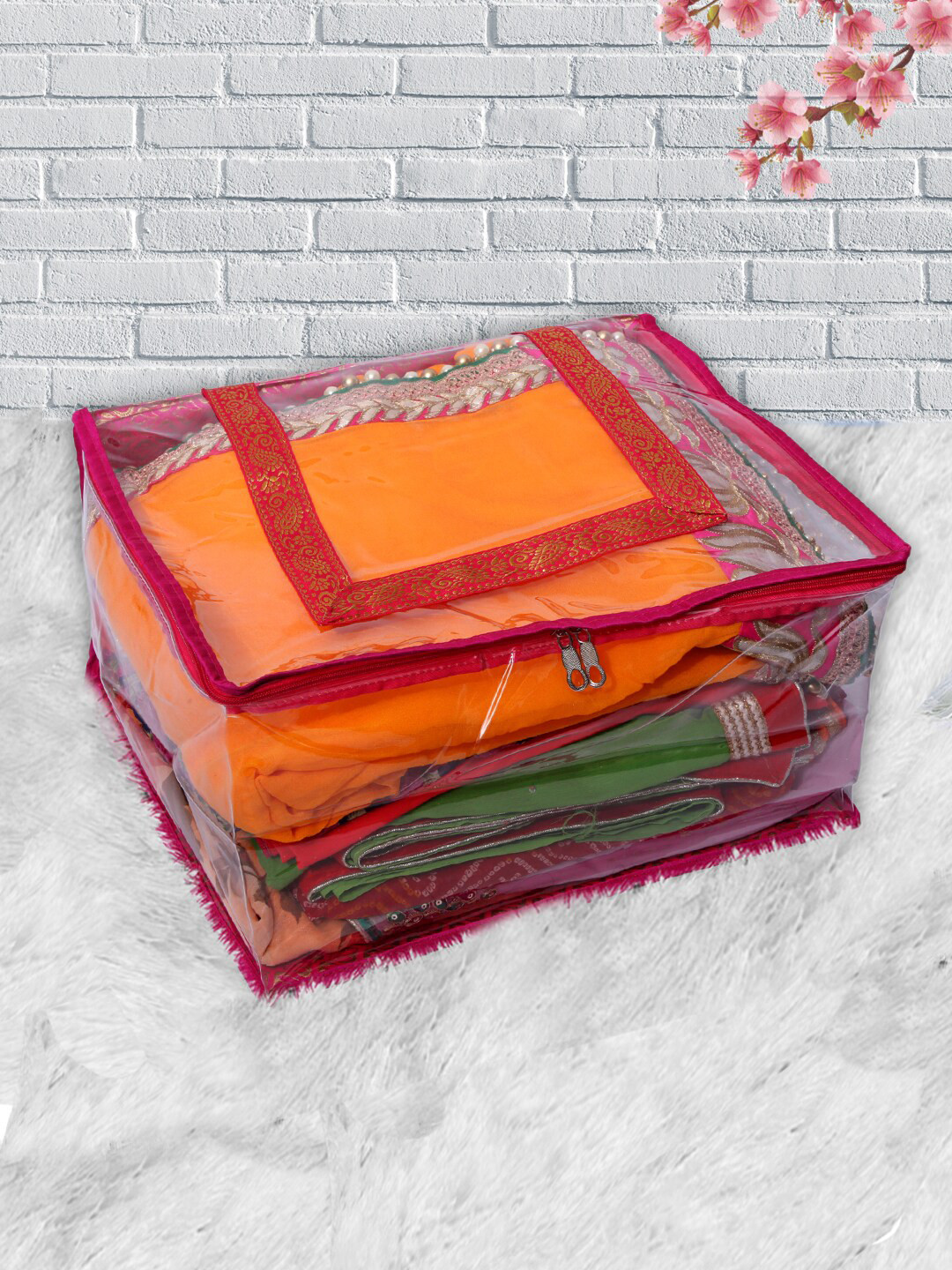 Kuber Industries Transparent & Pink Solid Saree Organiser