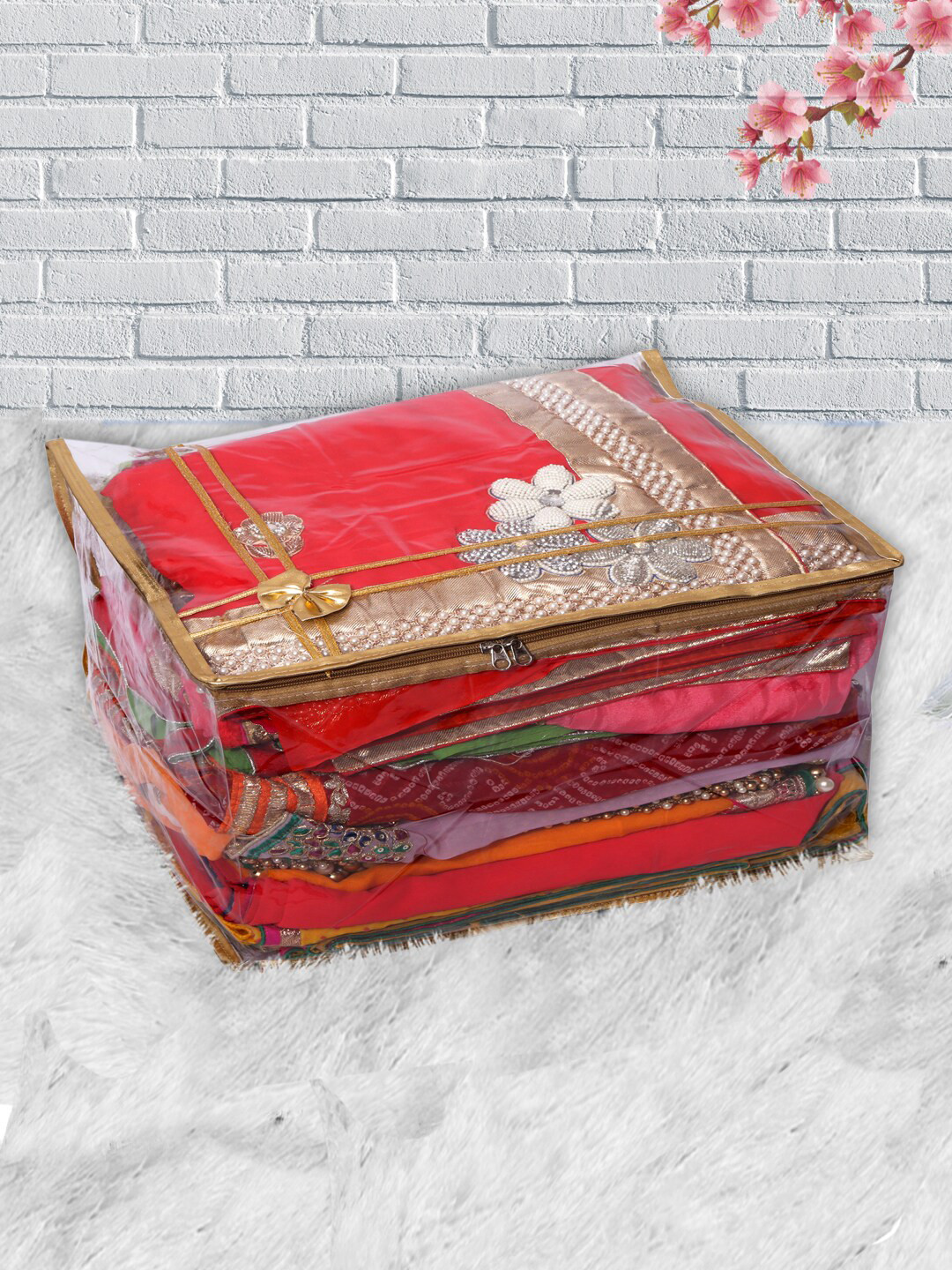 Kuber Industries Transparent & Gold-Toned Solid Saree Organiser
