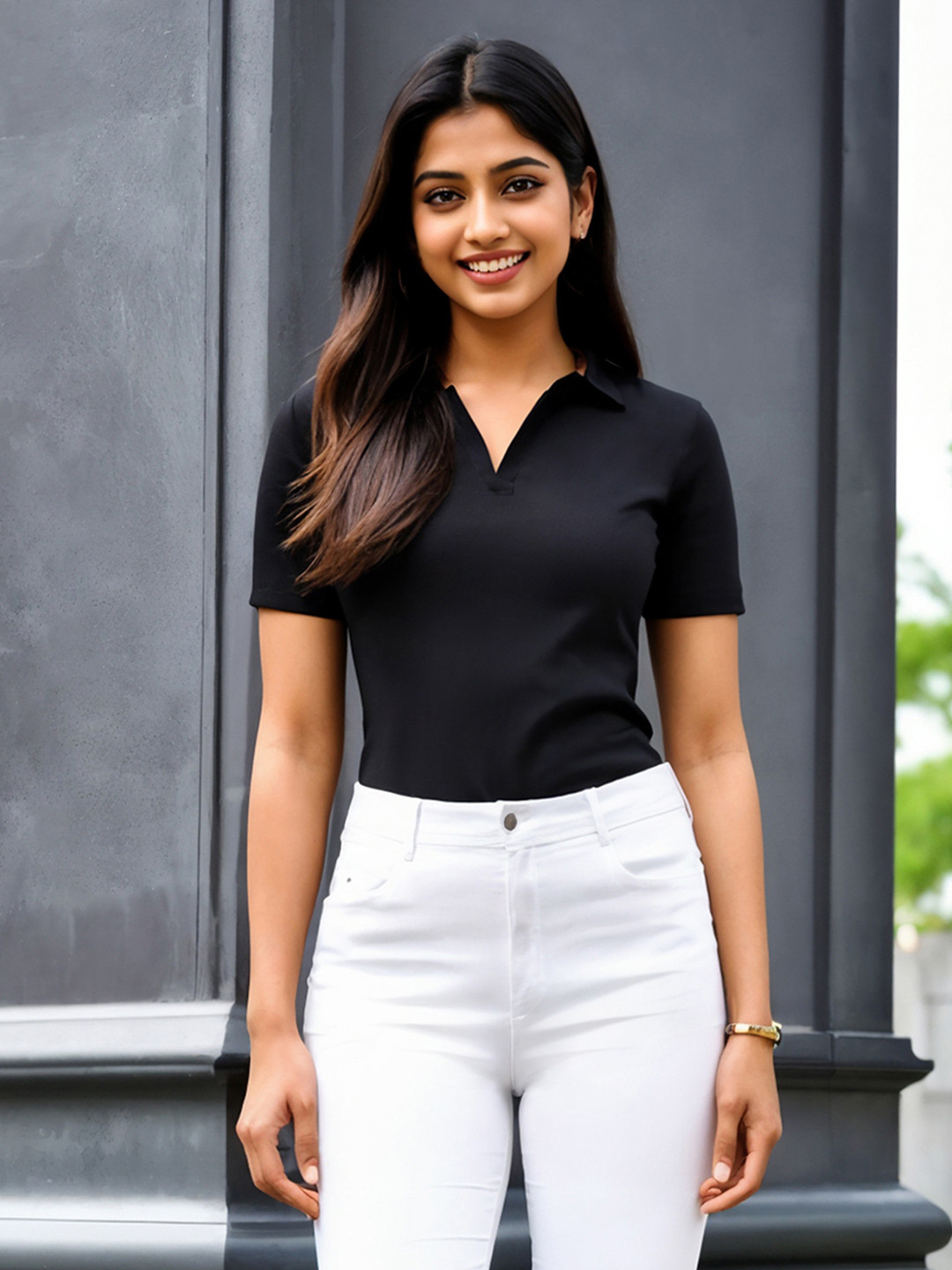 FableStreet Women Black LivIn Polo Collar T-shirt