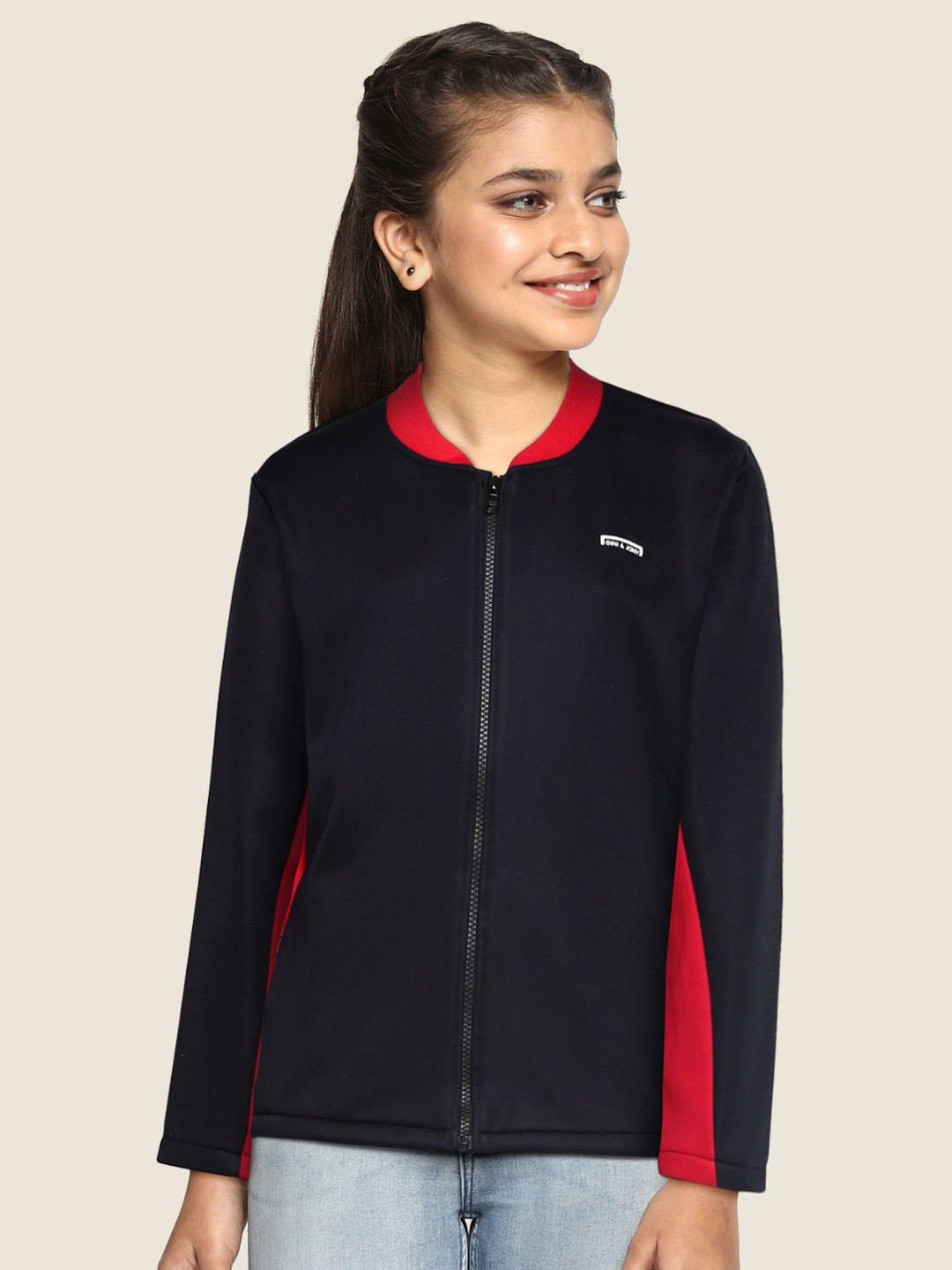Gini and Jony Girls Black & Red Solid Sporty Jacket