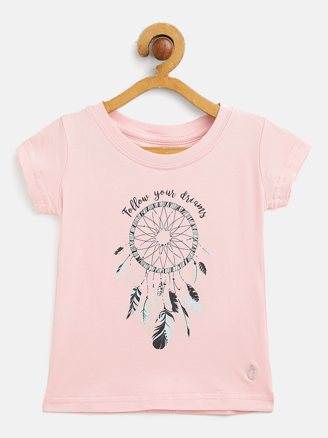 Gini and Jony Infant Girls Peach-Coloured & Blue Typography & Dream Catcher Print T-shirt