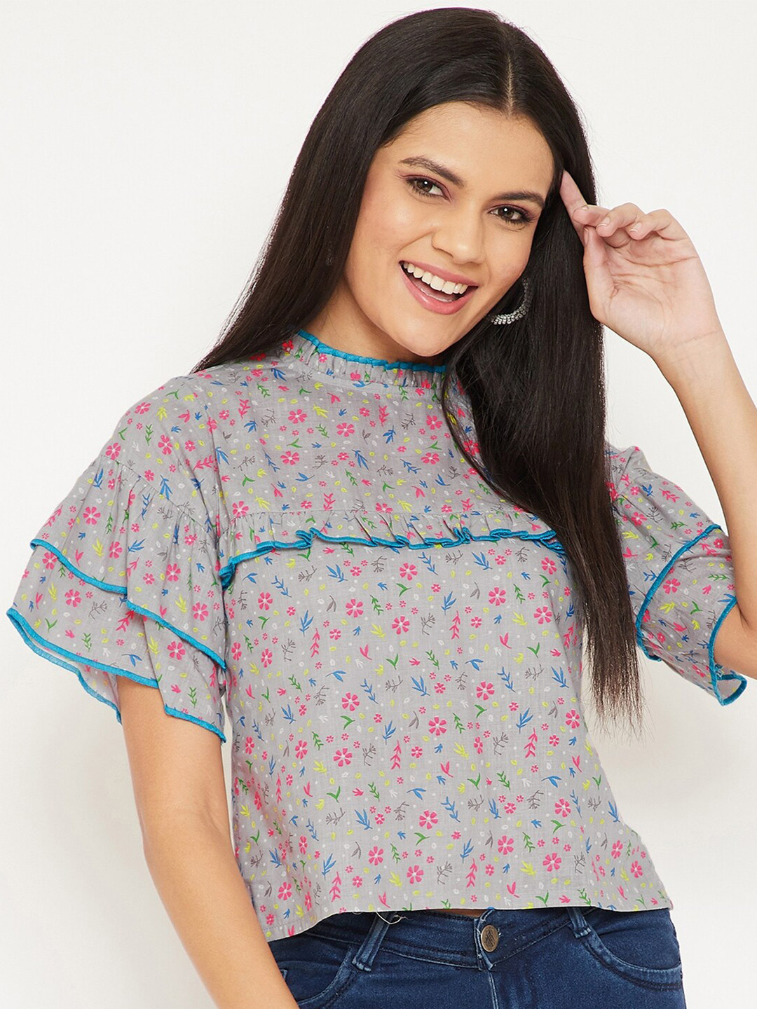 WineRed Women Grey Floral Print Cotton Crop Top