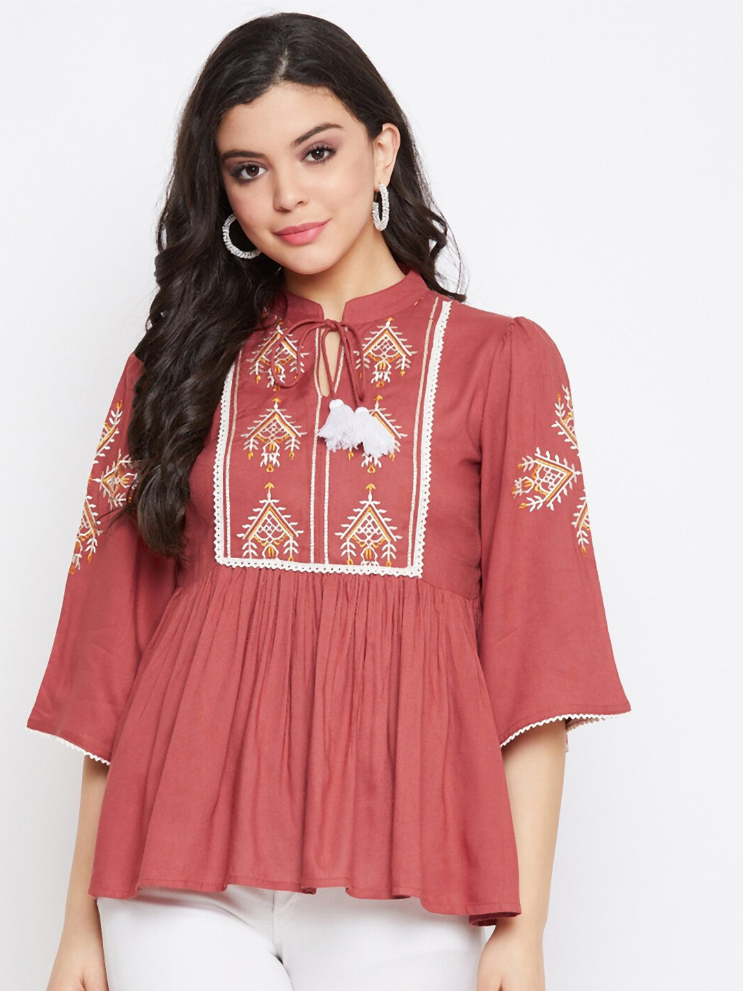 WineRed Maroon & White Embroidered A-line Top