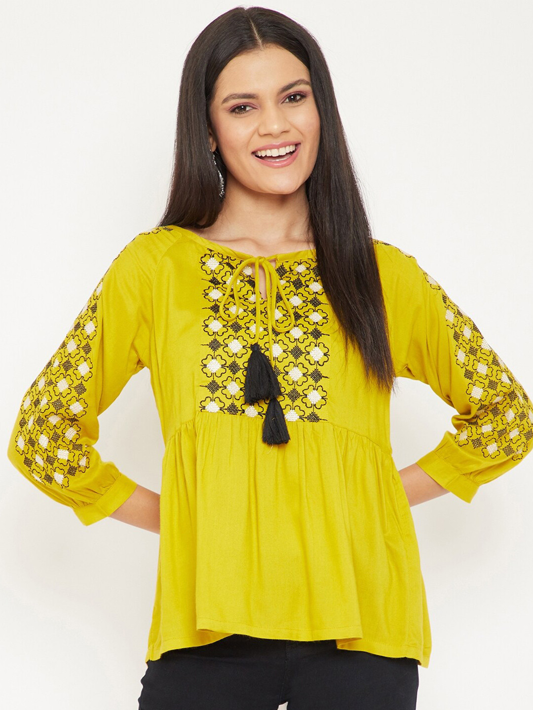 WineRed Yellow & Black Embroidered Rayon Tie-Up Neck A-Line Top