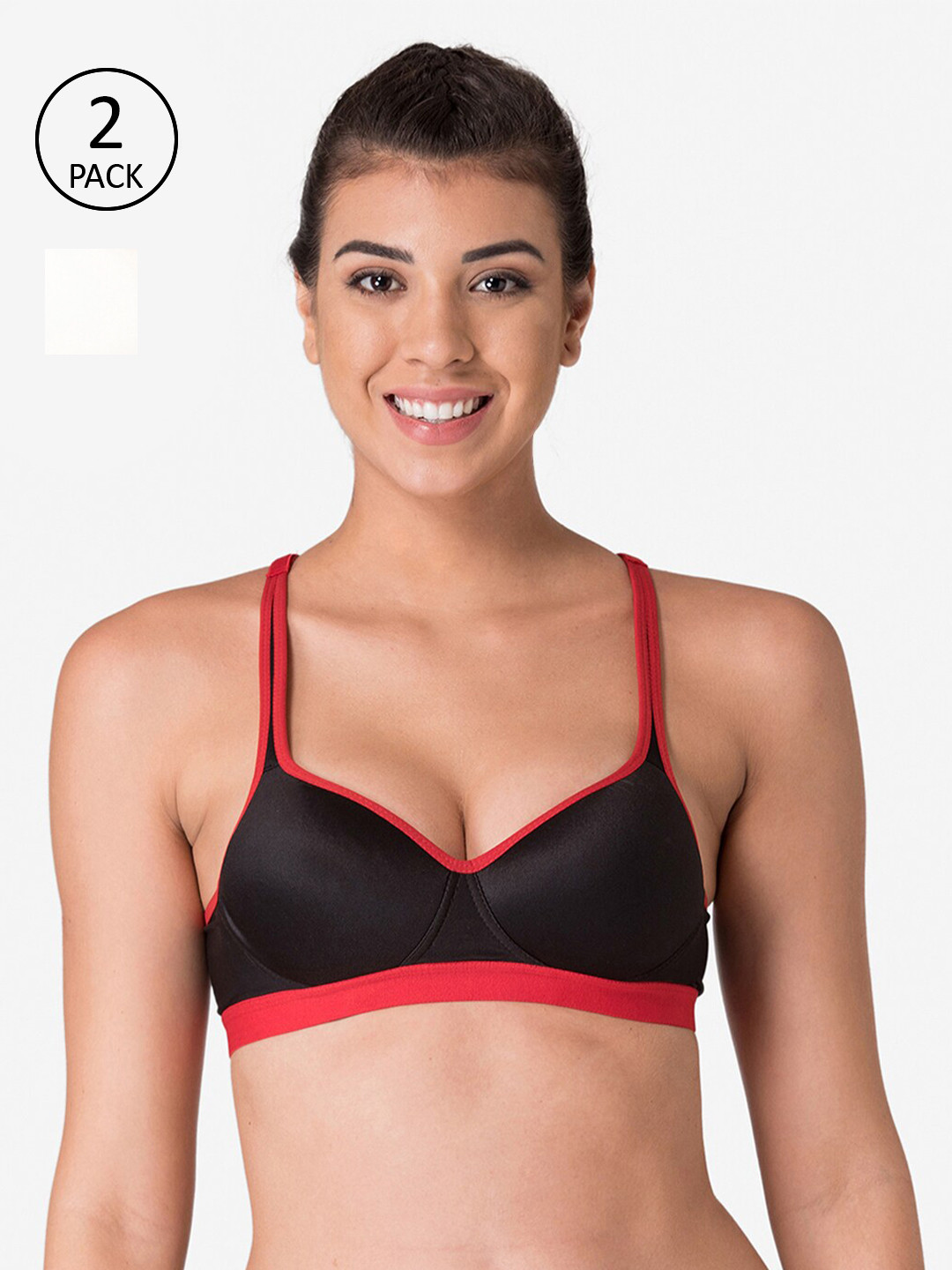 KOMLI Pack Of 2 Black & Off White Lightly Padded Workout Bra K-9411-BLK-2PC